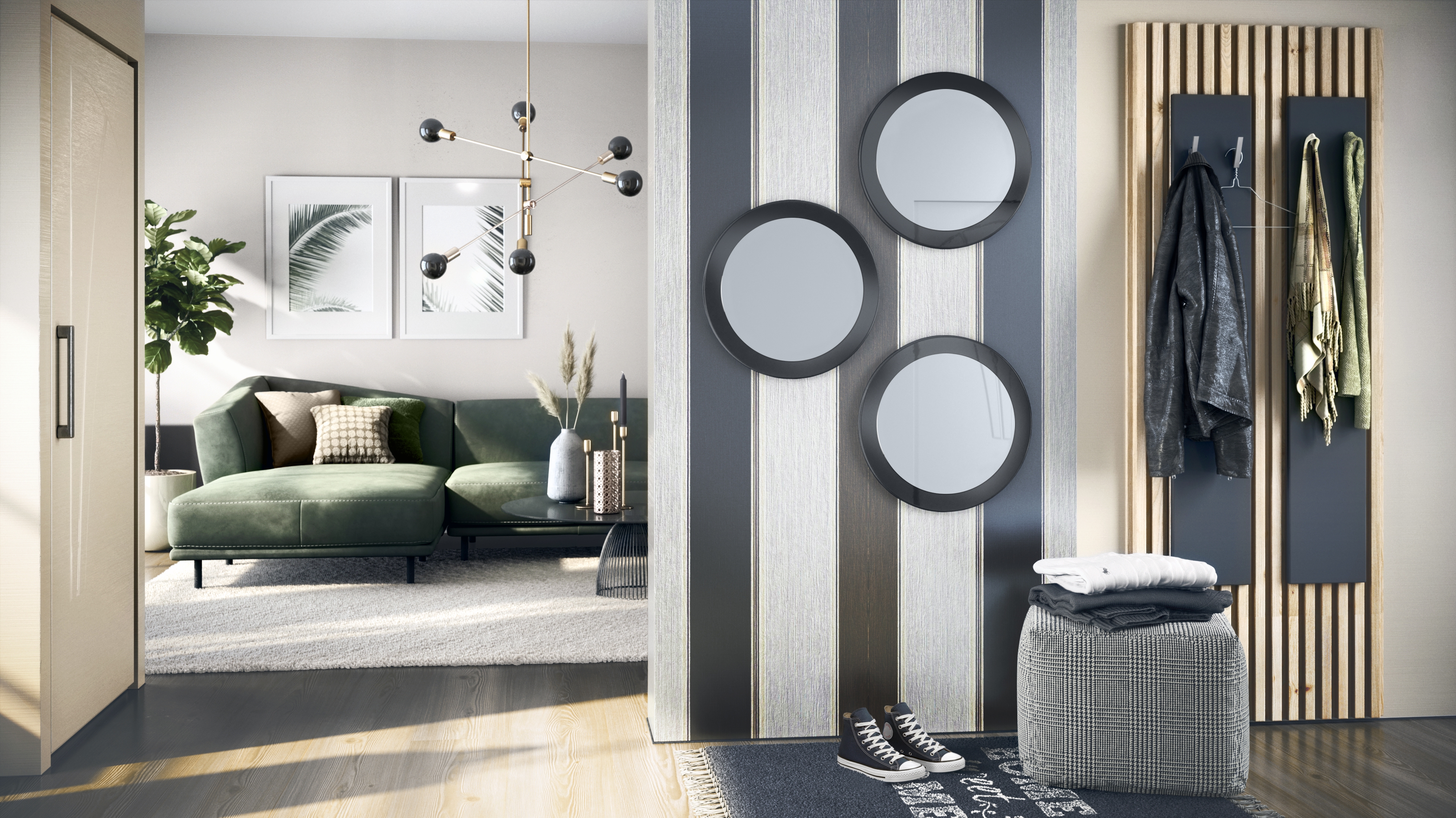 Globe Spiegel 3er Set für Flur und Wohnzimmer mit MDF-Rahmen in Schwarz Hochglanz (50 cm Durchmesser)