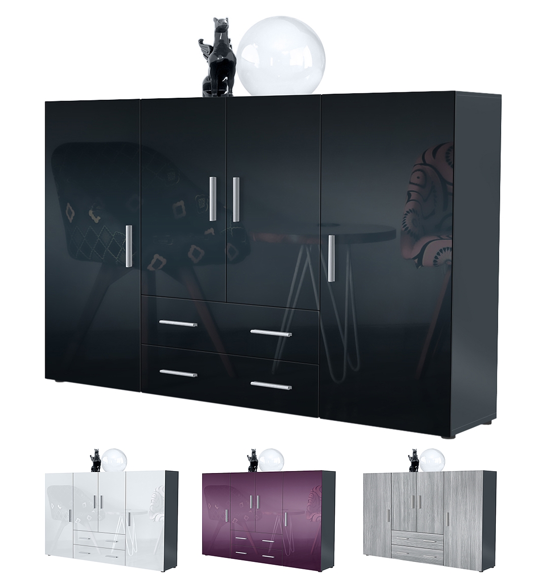 Highboard Nora  mit insgesamt 8 Fächer dahinter Anthrazit matt/Schwarz matt (166,5 x 106,5 x 35 cm)