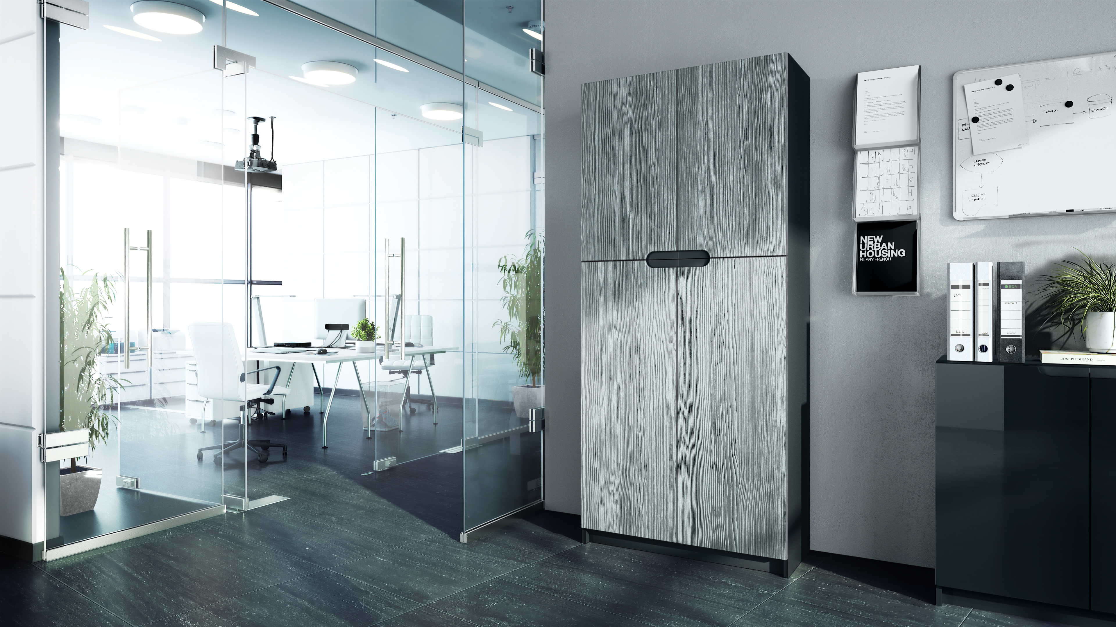Büroschrank Logan V1 mit 5 Fächern und 4 Türen Schwarz matt/Avola-Anthrazit (82 x 185 x 37 cm)