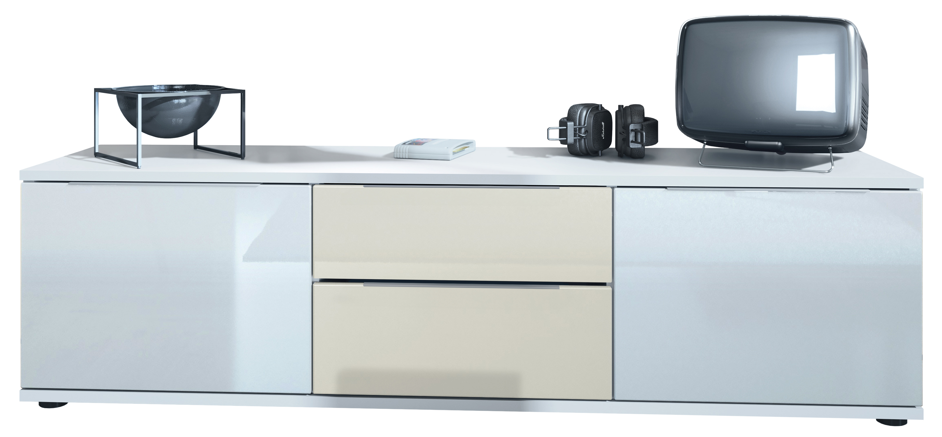 Linio V1 Lowboard  mit 2 Türen und Schubladen Weiß / Creme Hochglanz (138,5 x 37,5 x 35 cm)