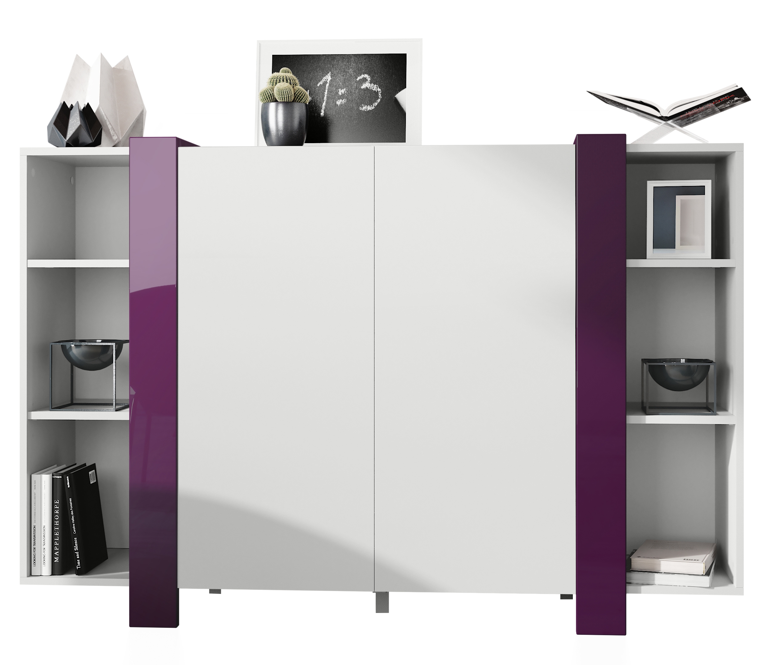 Highboard Ida V2 Weiß mit 2 Türen und 6 offene Fächer Weiß matt/Brombeer Hochglanz (149 x 101 x 34 cm)