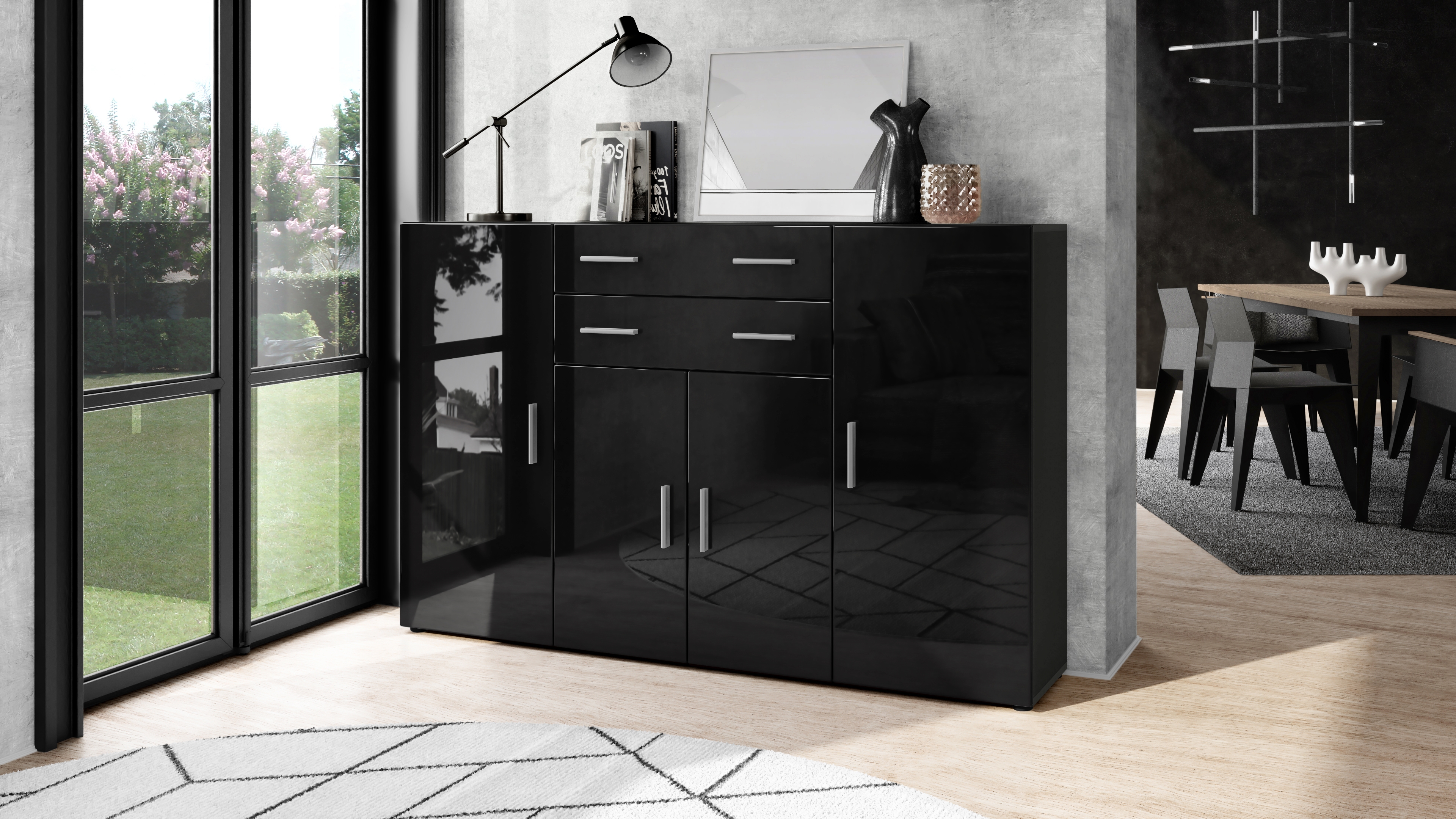 Highboard Aron  mit 4 Türen und 2 Schubladen Anthrazit matt/Schwarz Hochglanz (166,5 x 106,5 x 35 cm)