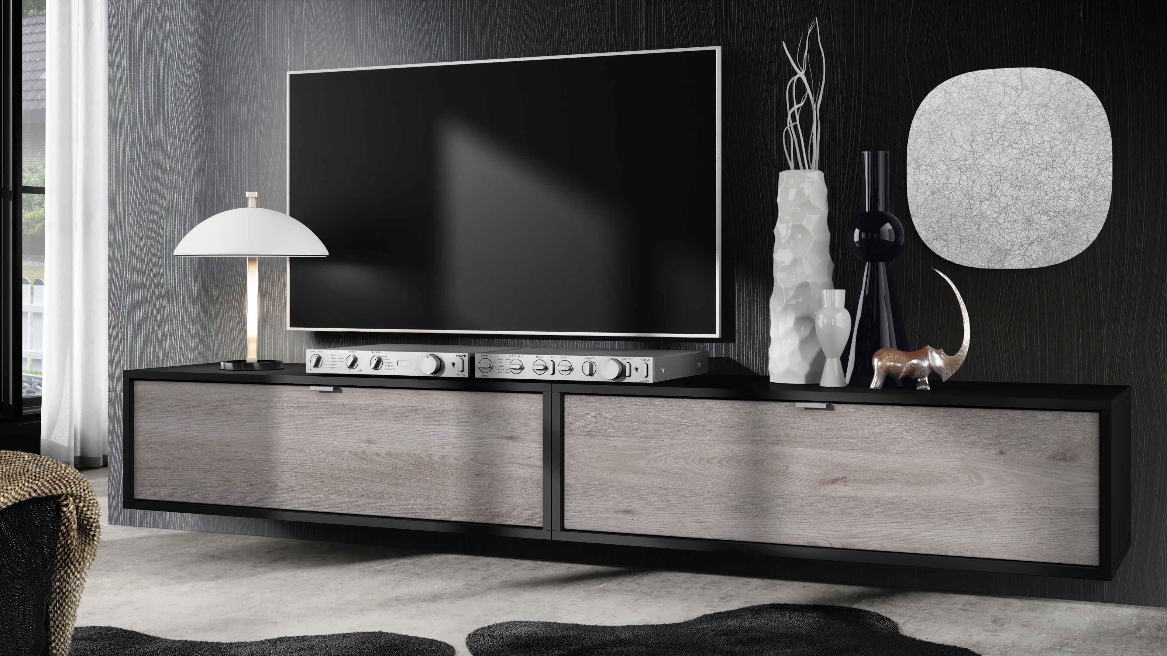 Lowboard Lana 1000 2er-Set  mit Klappe Schwarz matt/Eiche Nordic (100 x 29 x 37 cm)