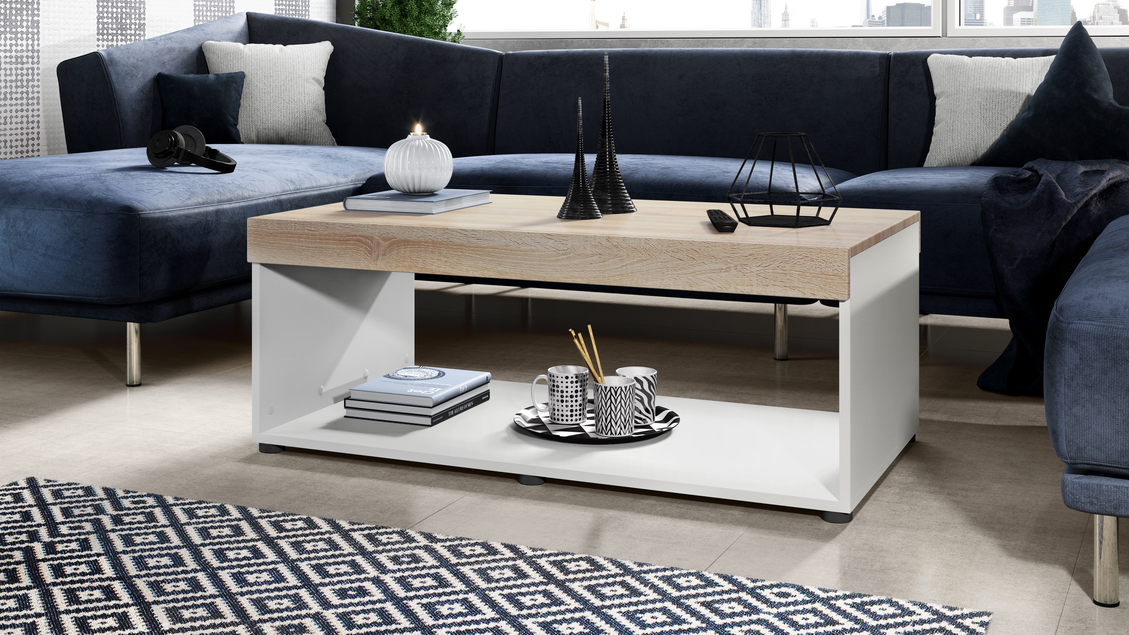 Wohnzimmer-Set Berlin bestehend aus 1 TV Board und 1 Couchtisch Weiß matt/Eiche sägerau