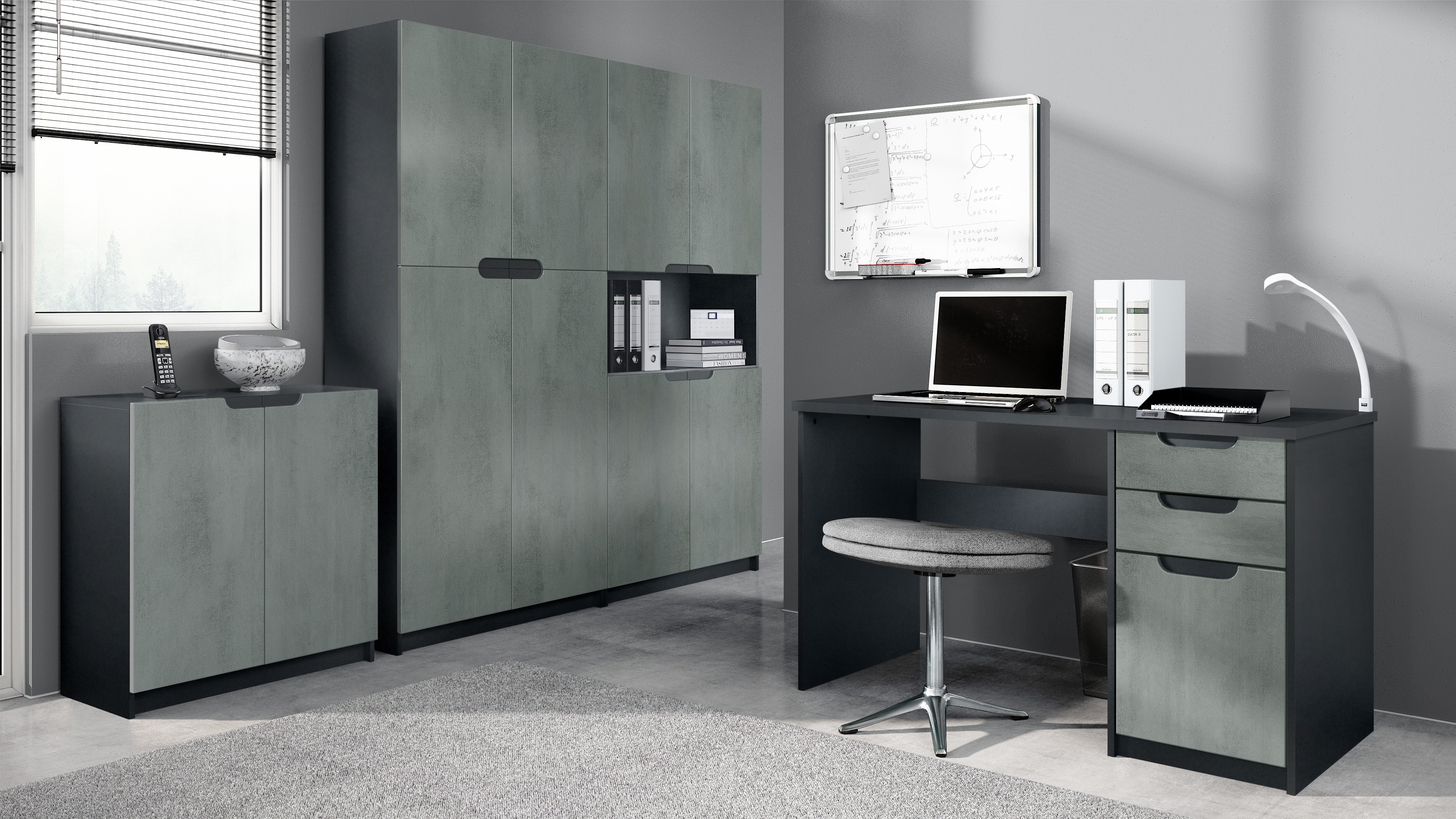 Büromöbel-Set Logan mit 1 Schreibtisch, 2 Schränken und 1 Kommode Schwarz matt/Beton dunkel Optik (246 x 60 x 185 cm)