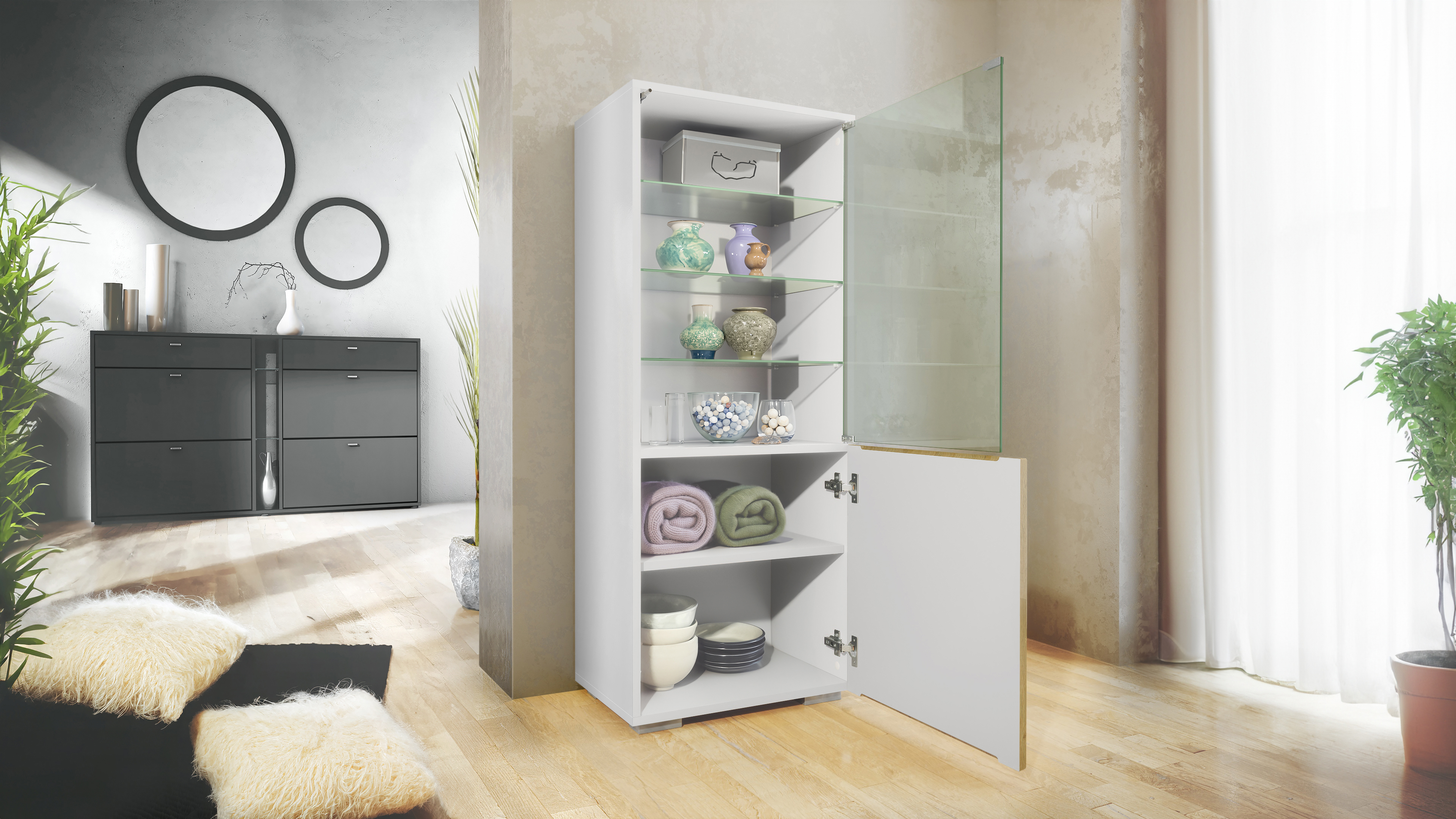 Granada Vitrine Weiß mit Glastür und Glaseinsatz Weiß matt/Avola-Anthrazit (50 x 122,5 x 34,5 cm)