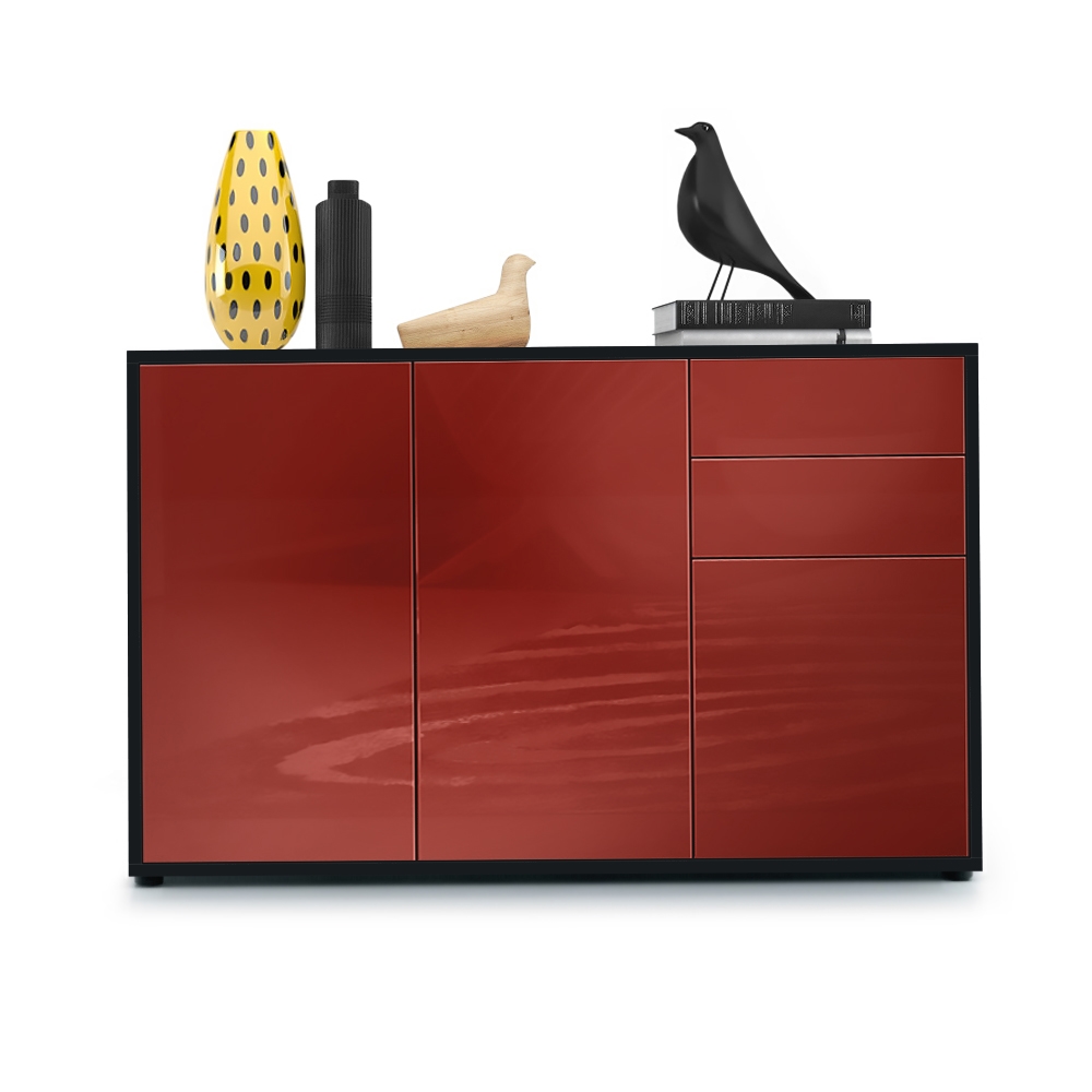 Kommode Ben V3  mit 3 Türen und 2 Schubladen Schwarz matt/ Bordeaux Hochglanz (117 x 74 x 36 cm)