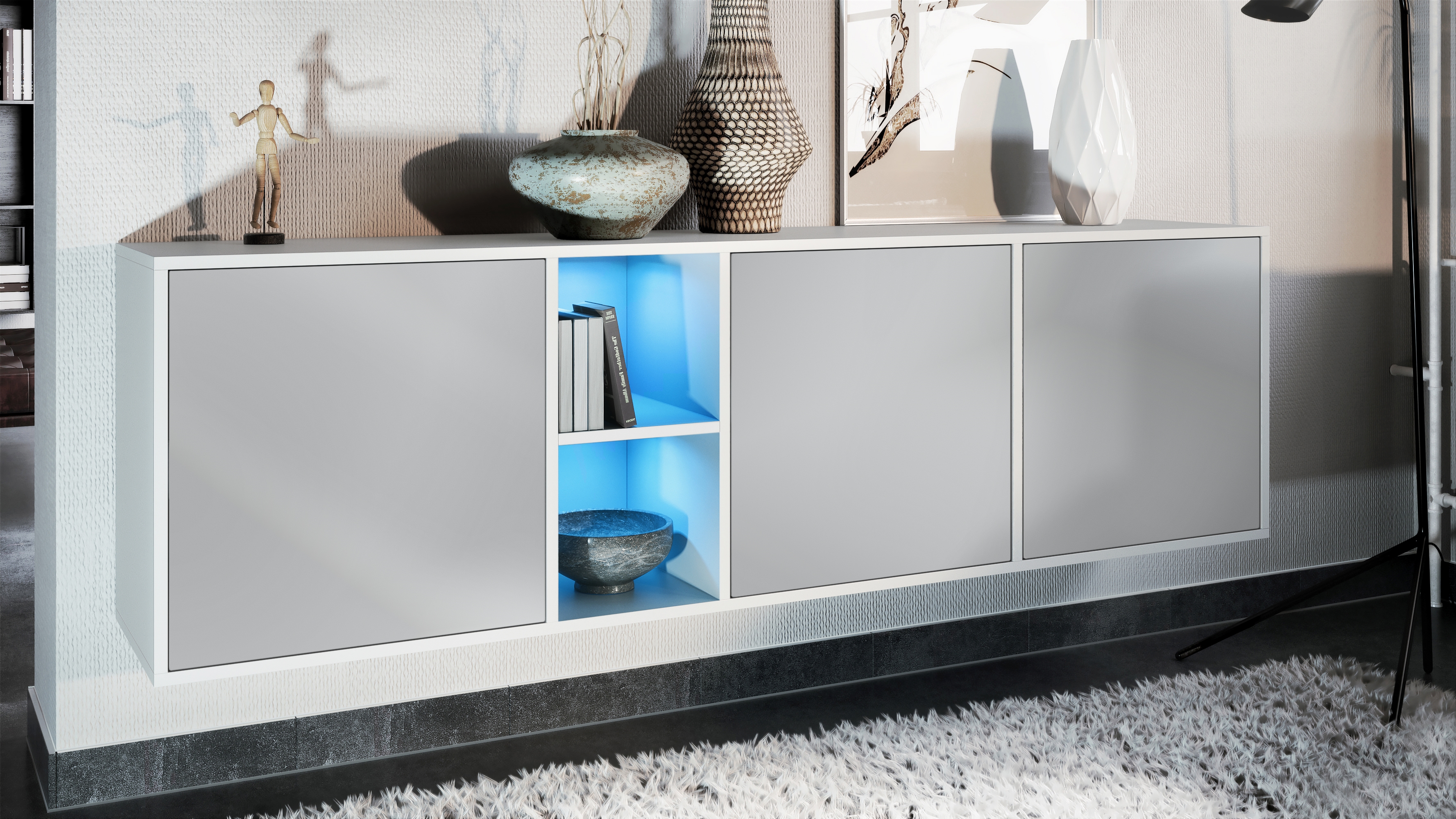 Sideboard Cuba  mit 3 Türen und 2 offene Fächer Weiß matt/Hellgrau seidenmatt inkl. LED-Beleuchtung (182 x 53 x 35 cm)