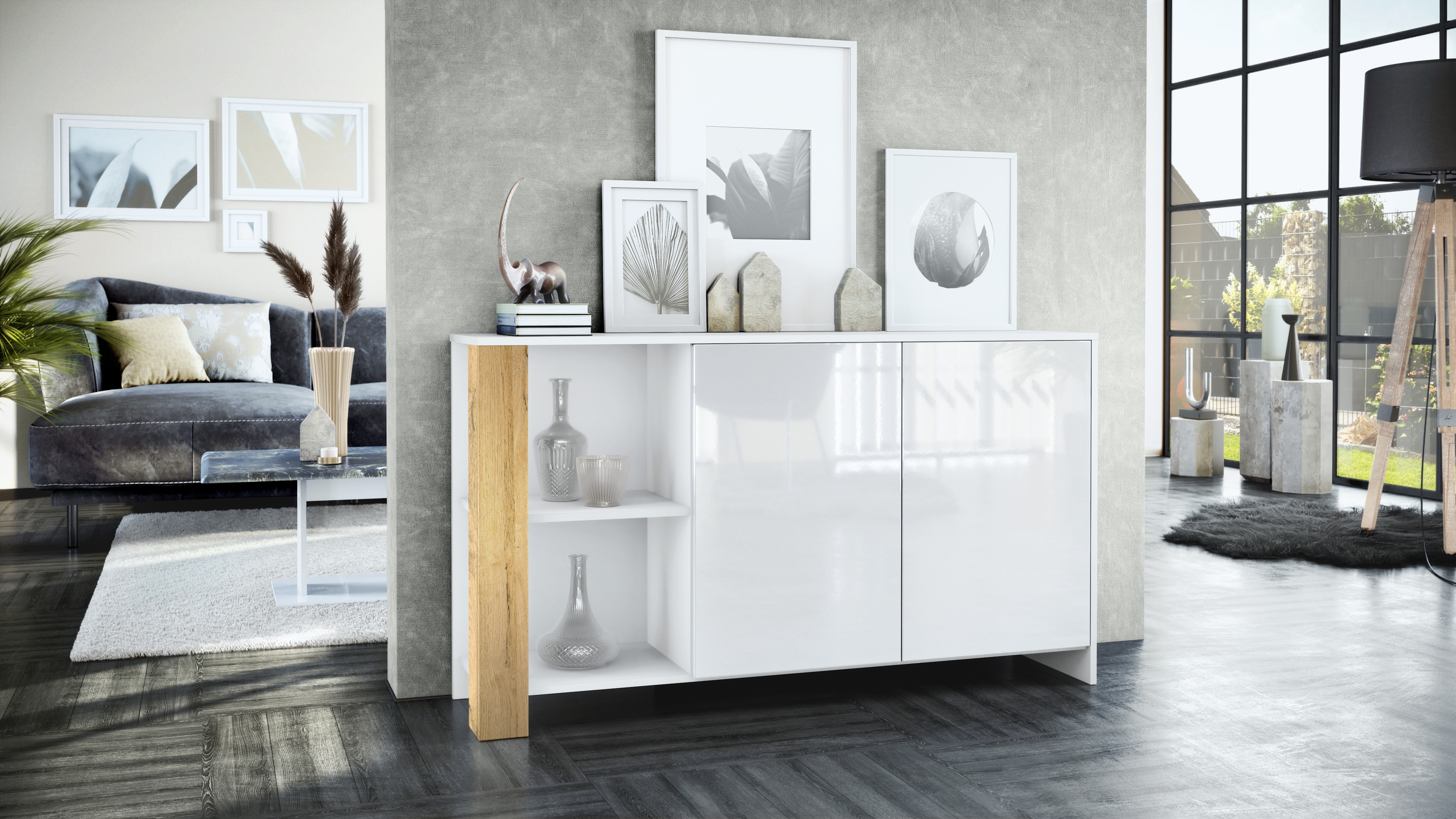 Wohnraum Set Venedig bestehend aus 1 Highboard und 1 Sideboard Weiß matt, Weiß Hochglanz, Eiche Natur
