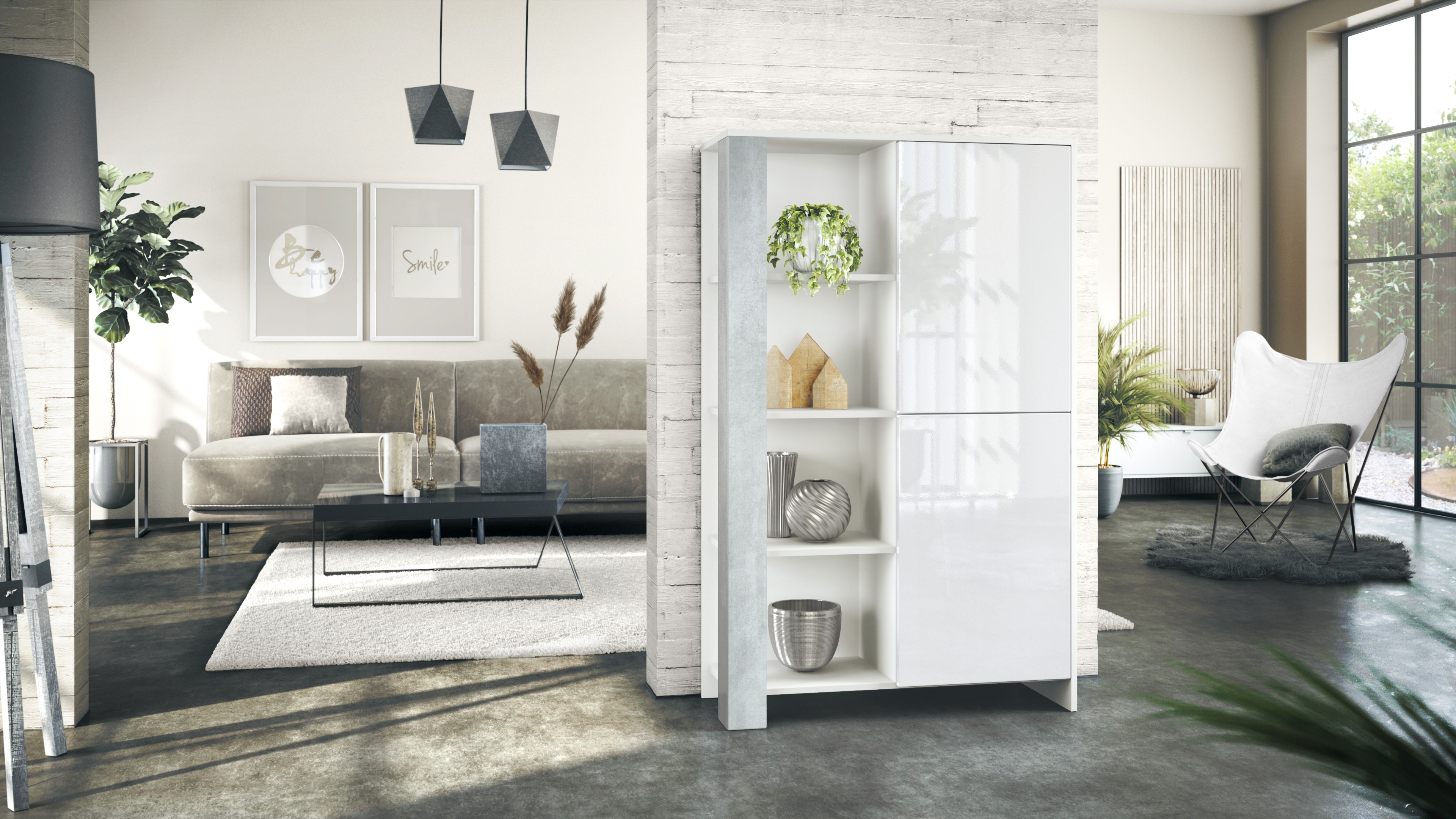 Wohnraum Set Venedig bestehend aus 1 Highboard und 1 Sideboard Weiß matt, Weiß Hochglanz, Beton Oxid Optik