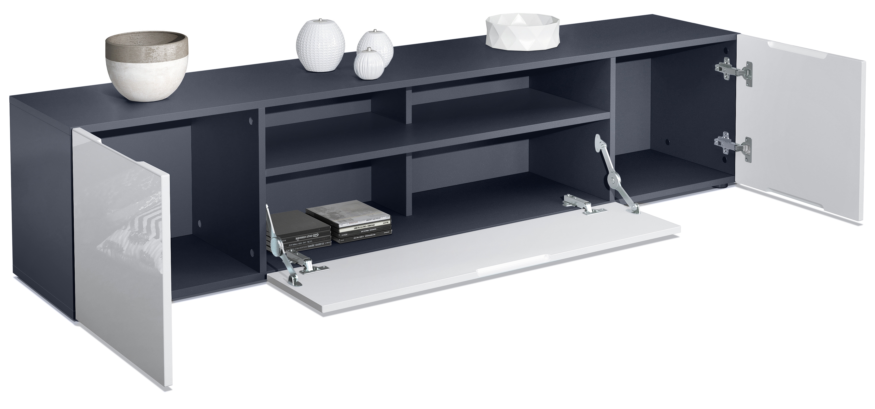 Lowboard Mogan  mit 2 Türen, 1 Klappe und 1 offenes Fach,  Anthrazit matt/Beton Oxid Optik (181 x 39 x 35 cm)