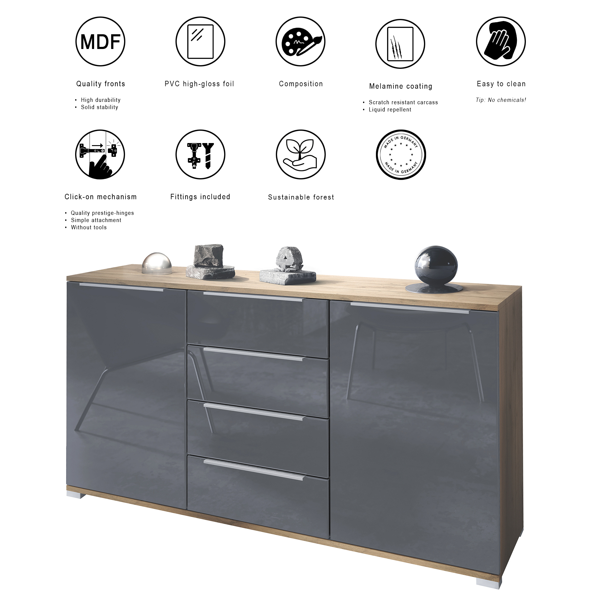 Linio V1 Sideboard Eiche Evoke mit 2 Türen und 4 Schubladen Eiche Evoke/Sandgrau Hochglanz (138,5 x 75,5 x 35 cm)