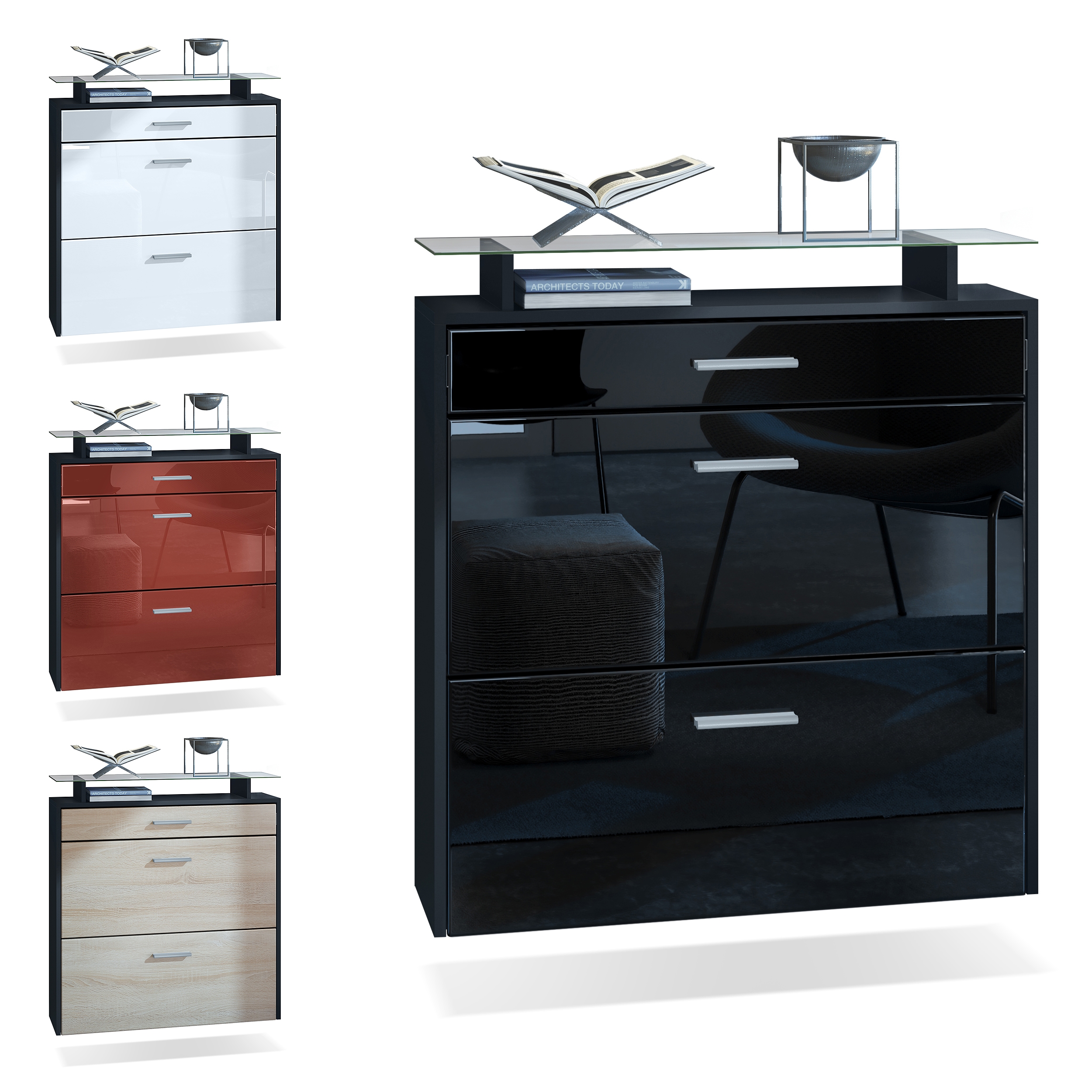 Schuhschrank Malea mit 2 Klappen und 1 Schublade und Glasablage Schwarz matt/Eiche Sägerau (89 x 96 x 23 cm)