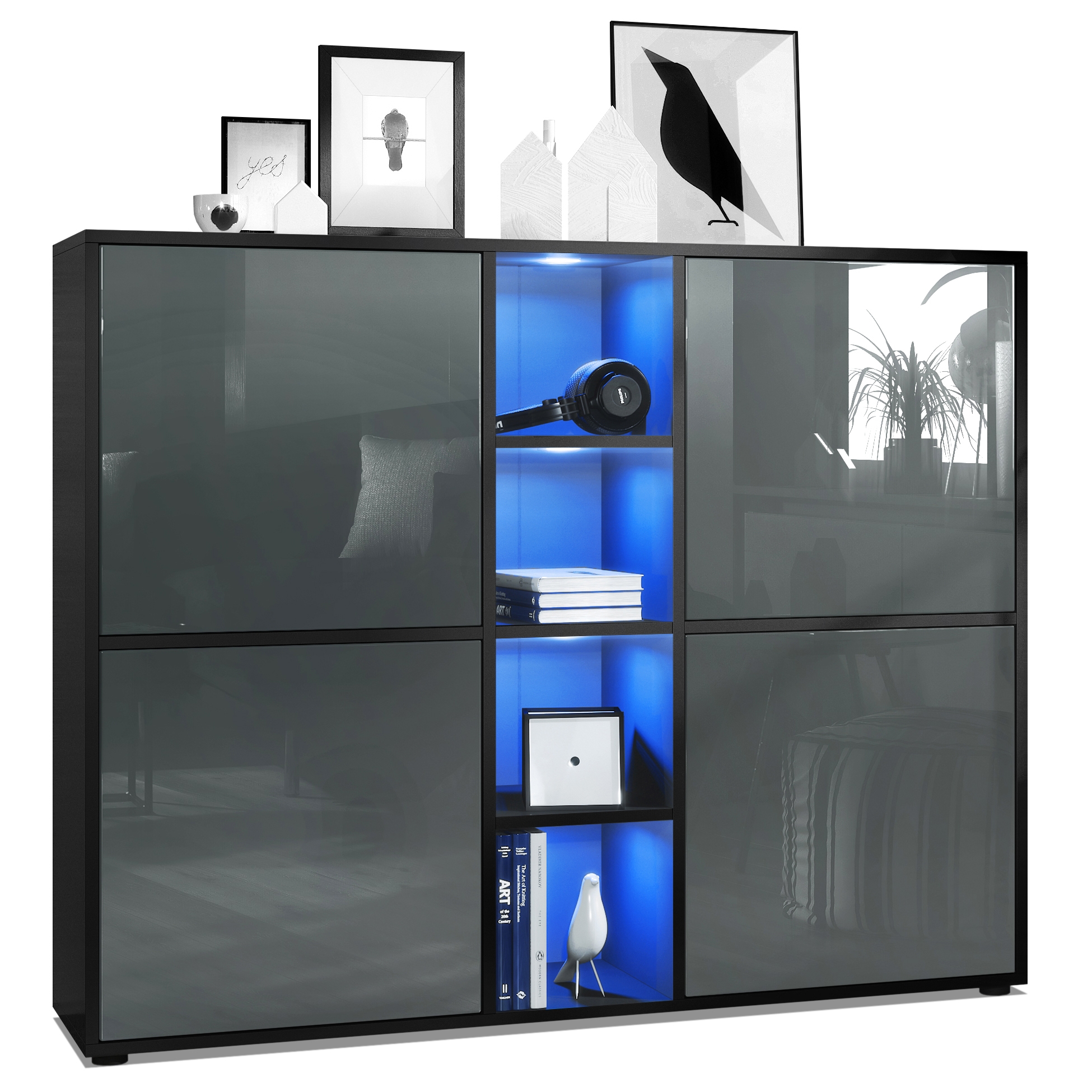 Highboard Cuba V3   mit 12 Fächern, inkl. RGB LED Beleuchtung  Korpus in Schwarz matt / in Grau glänzend (130,5x105,5x35,5 cm)