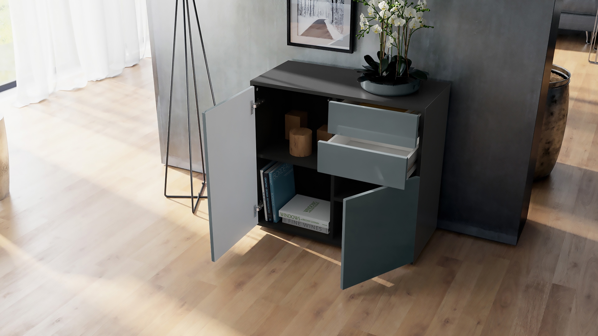 Kommode Ben  mit 2 Türen und 2 Schubladen Schwarz matt/Avola-Anthrazit (79 x 74 x 36 cm)