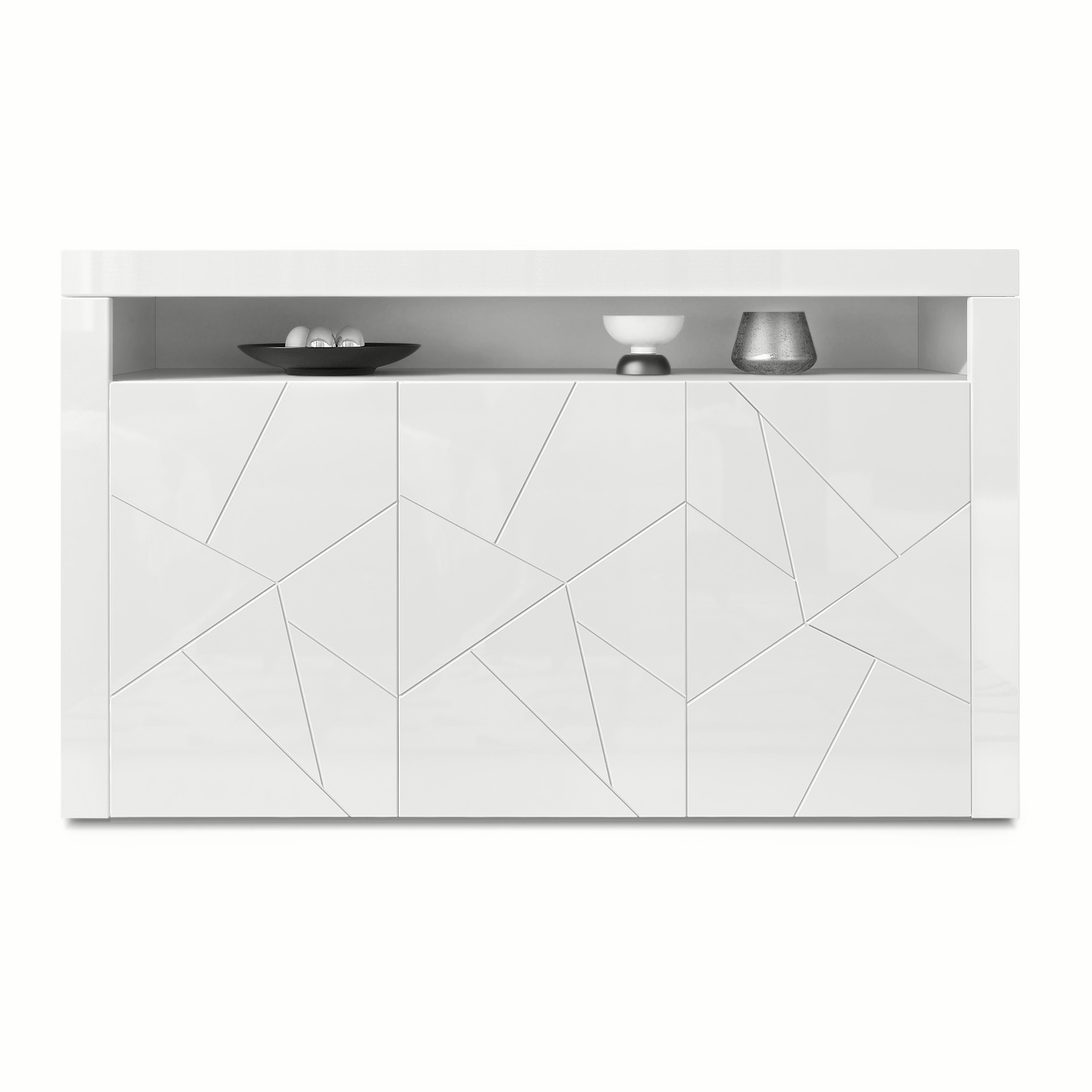 Sideboard Valencia  mit 3 Türen und 1 offenem Fach Weiß matt&glänzend mit 3D Struktur (155x92x40 cm)