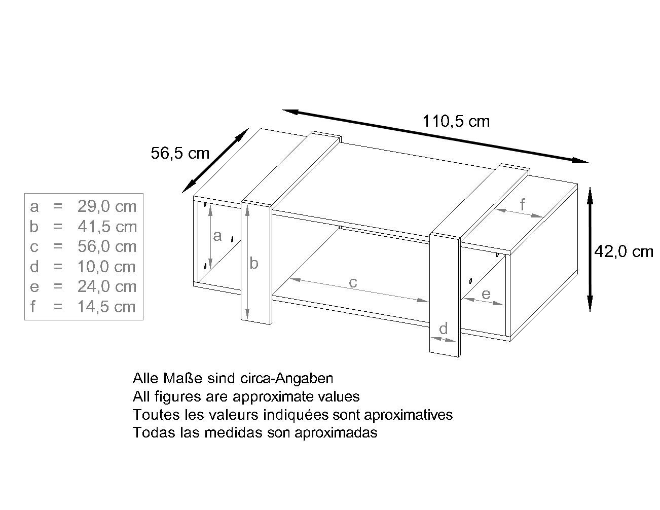Couchtisch Ida  mit drei Fächern Weiß matt/Eiche Ribbeck (110,5 x 42 x 56,5 cm)