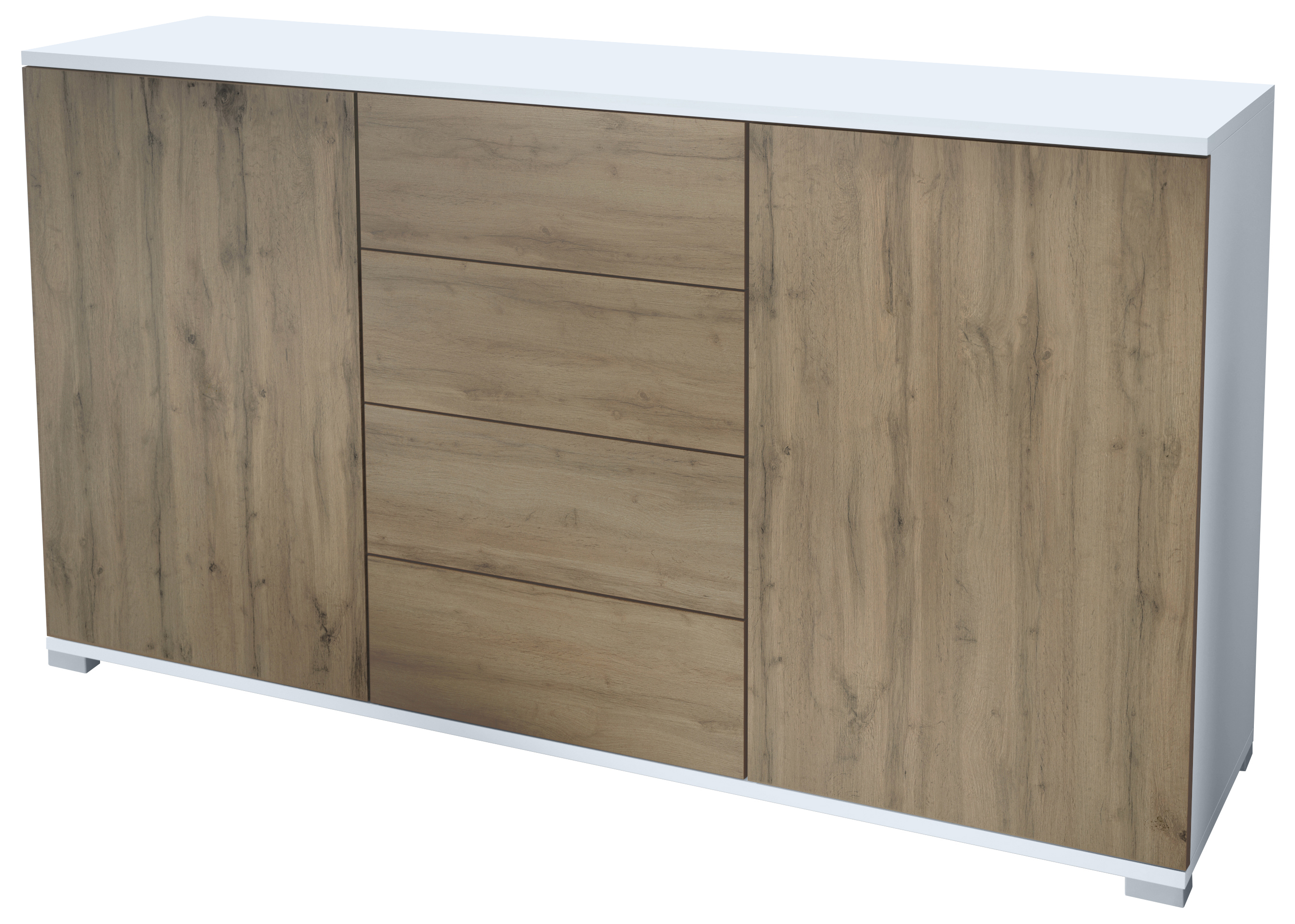 Santo V1 Sideboard Weiß mit 2 Türen und 4 Schubladen Weiß matt/Eiche Evoke (138,5 x 75,5 x 35 cm)