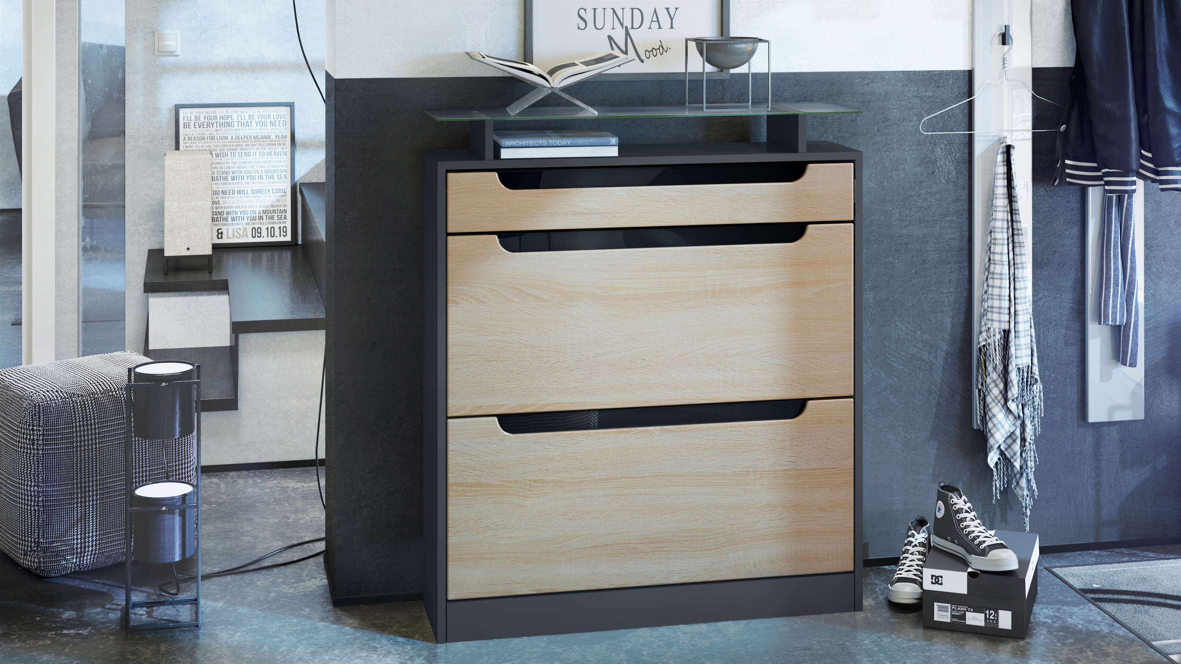 Schuhschrank Fiesta mit 2 Klappen, 1 Schublade und Glasablage Anthrazit matt/Eiche sägerau/Schwarz glänzend (89x104x23 cm)