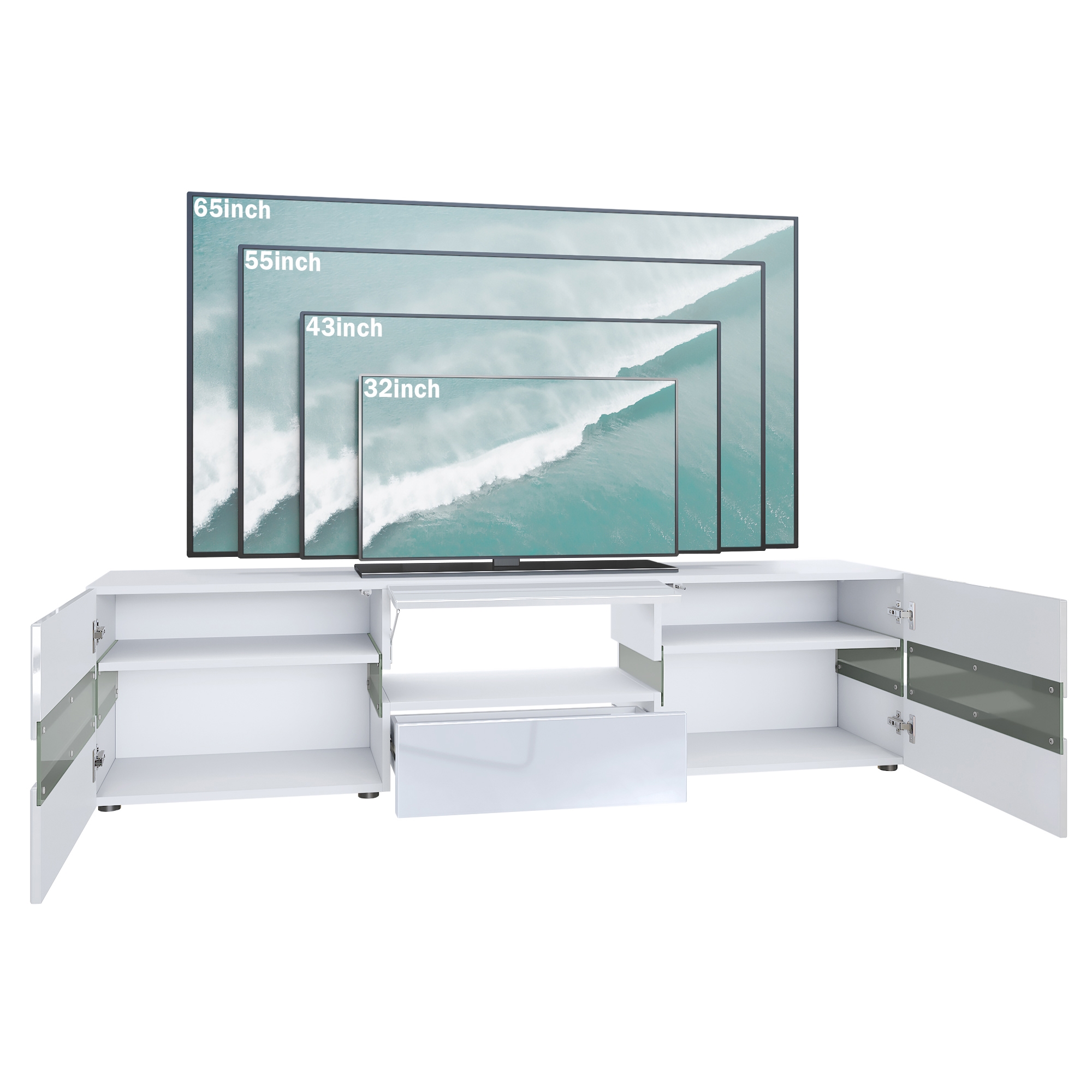 Lowboard Flow mit 2 Türen, 1 Schublade und 1 Klappe Weiß Hochglanz (177 x 45 x 39 cm)