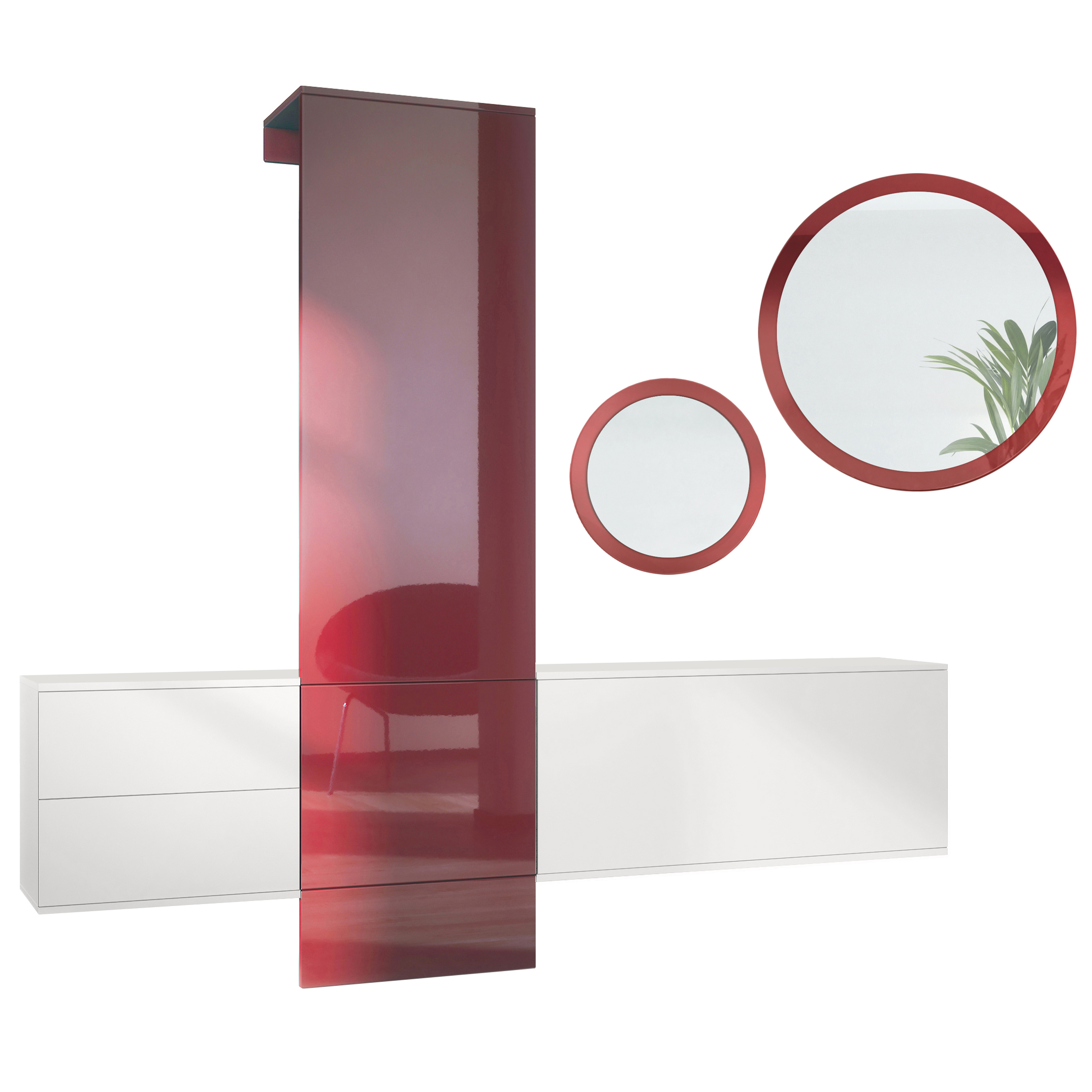 Garderoben Set DualVista bestehend aus 1 Garderobenpaneel, 2 Schrank Elementen und 2 Spiegel Weiß matt/Bordeaux Hochglanz