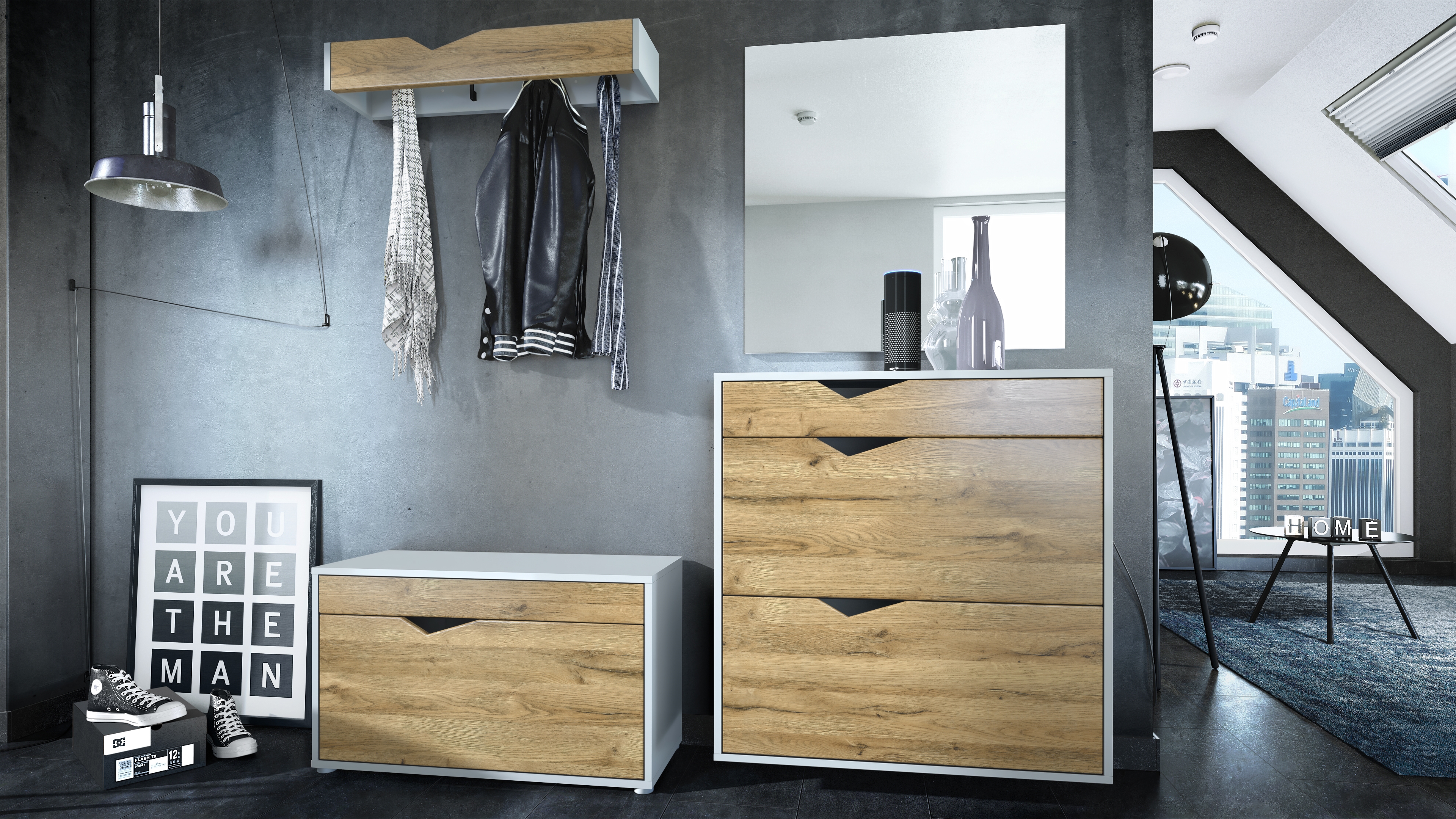 Garderobenset Kolmio 1 Schuhbank, 1 Spiegel und 1 Wandgarderobe Weiß matt/Eiche Natur (190 x 185 x 33 cm)