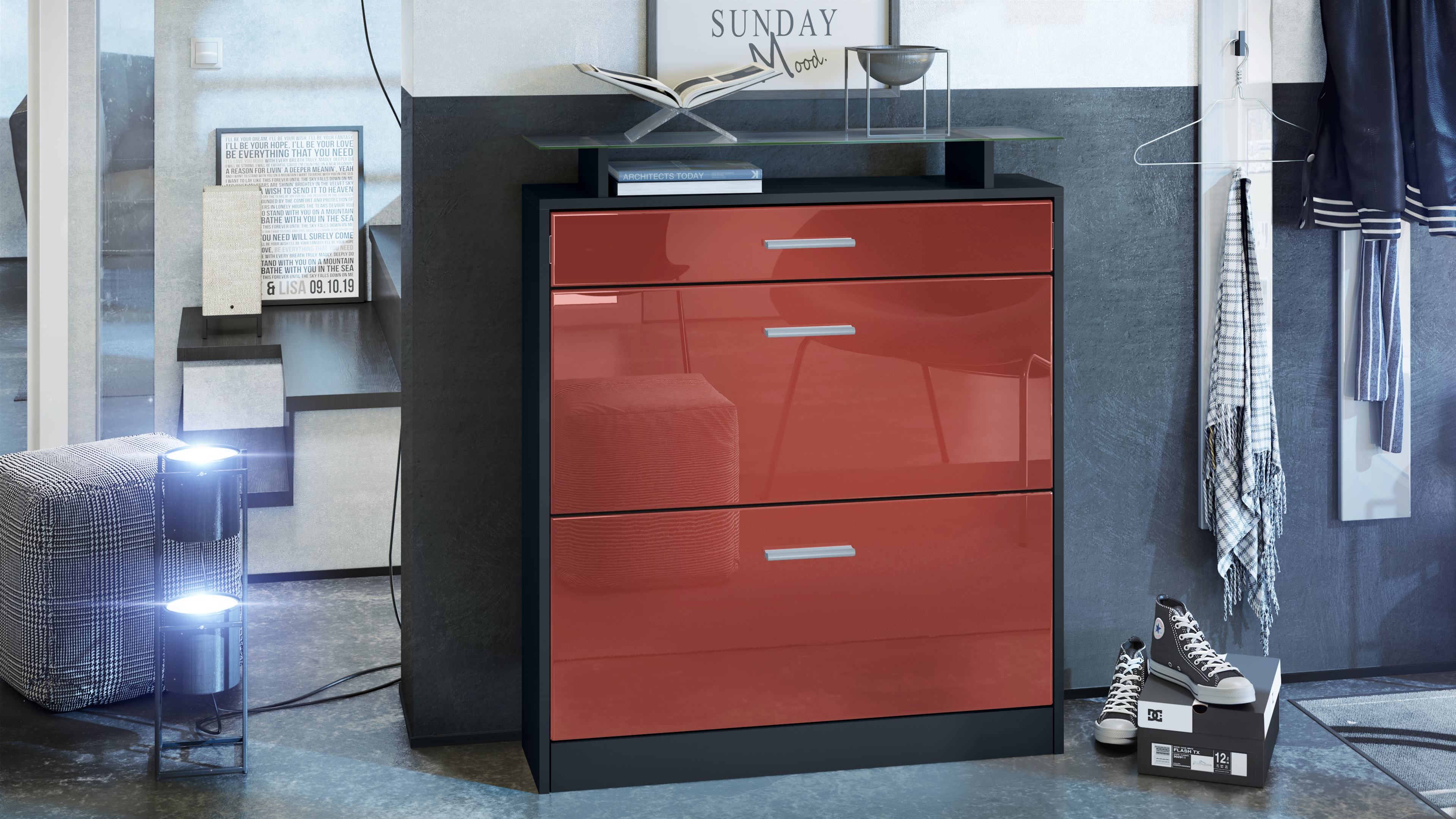 Schuhschrank Loret mit 2 Klappen und 1 Schublade und Glasablage Schwarz matt/Bordeaux Hochglanz (89 x 104 x 23 cm)