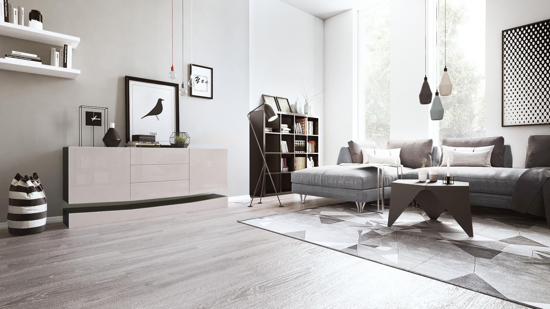 Sideboard City  mit 2 Türen und 3 Schubladen Schwarz matt/Sandgrau Hochglanz (178 x 72 x 38 cm)