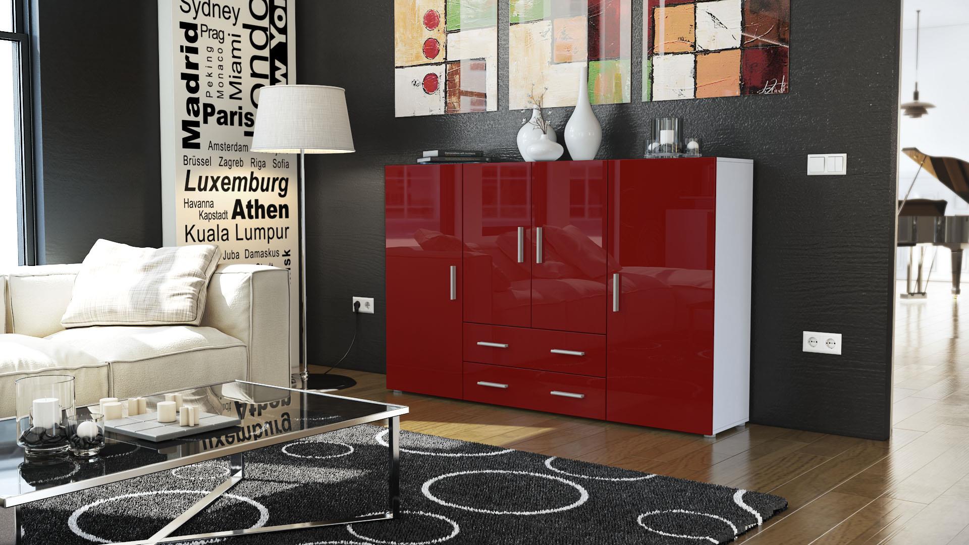 Highboard Nora und 4 Türen mit insgesamt 8 Fächer dahinter Weiß matt/Bordeaux Hochglanz (166,5 x 106,5 x 35 cm)