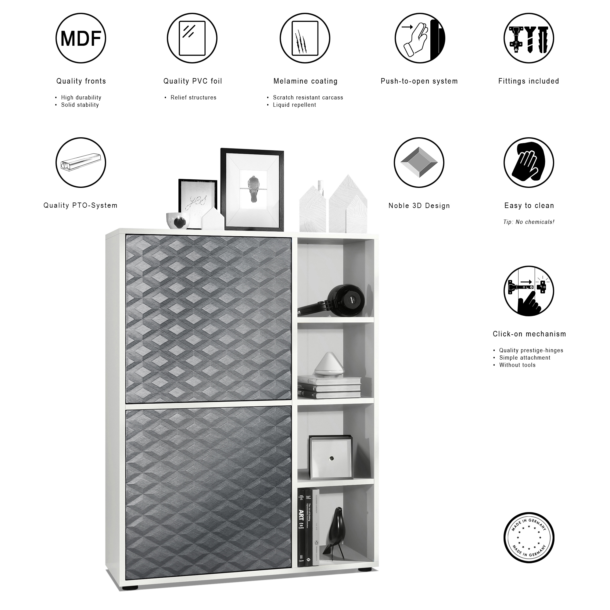 Highboard Cuba mit 2 Türen und 4 offene Fächer Weiß matt/Stahlgrau 3D Struktur (79 x 105,5 x 35,5 cm)