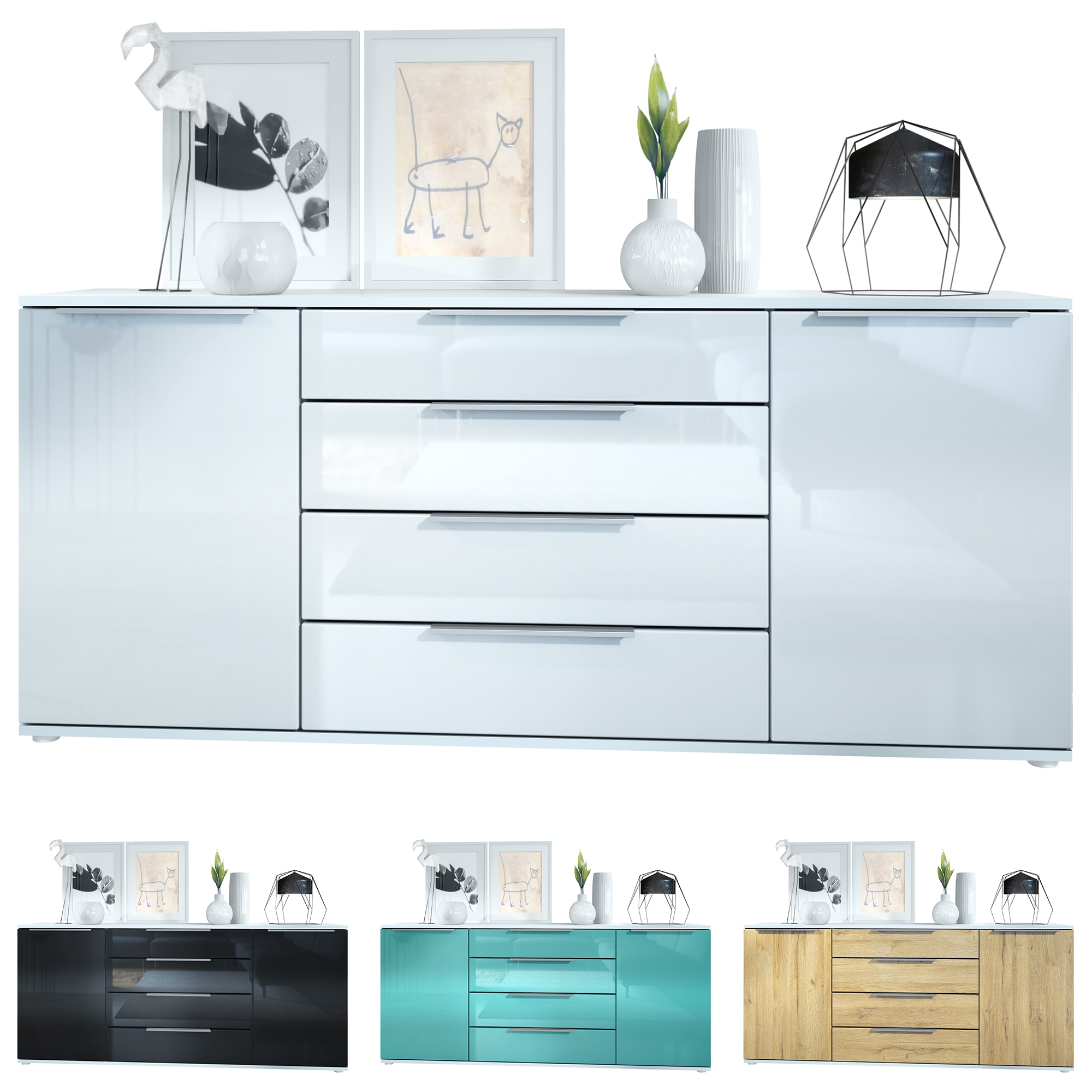 Linio V2 Sideboard mit 2 Türen und 4 Schubladen Weiß matt/Petrol Hochglanz (166,5 x 72,5 x 35 cm)