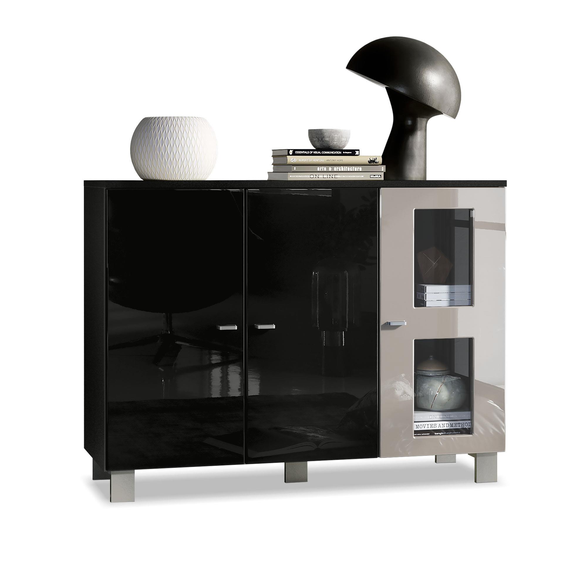 Sideboard Denjo  mit 3 Türen Schwarz matt/Schwarz Hochglanz/Sandgrau Hochglanz (107 x 81 x 35 cm)