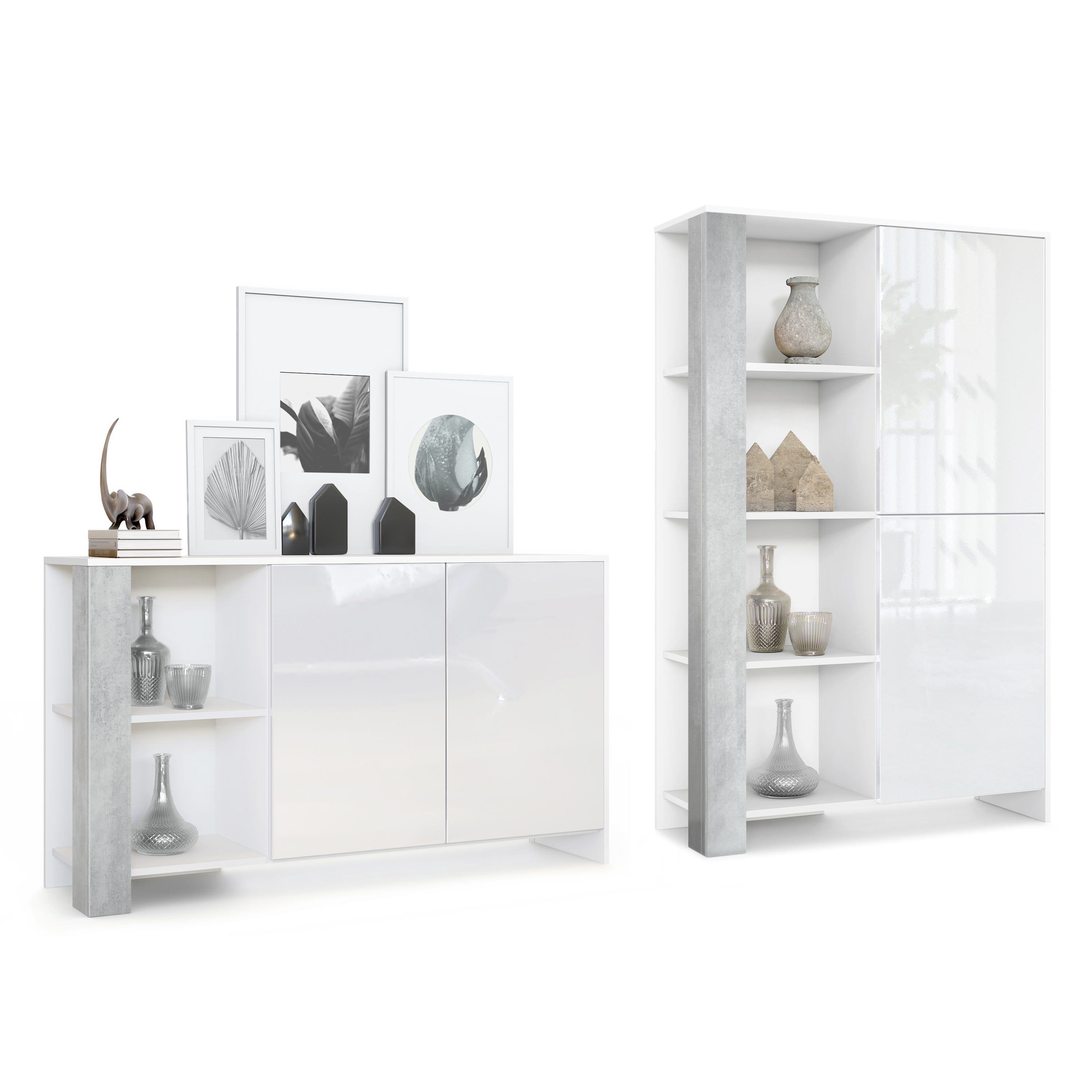 Wohnraum Set Venedig bestehend aus 1 Highboard und 1 Sideboard Weiß matt, Weiß Hochglanz, Beton Oxid Optik