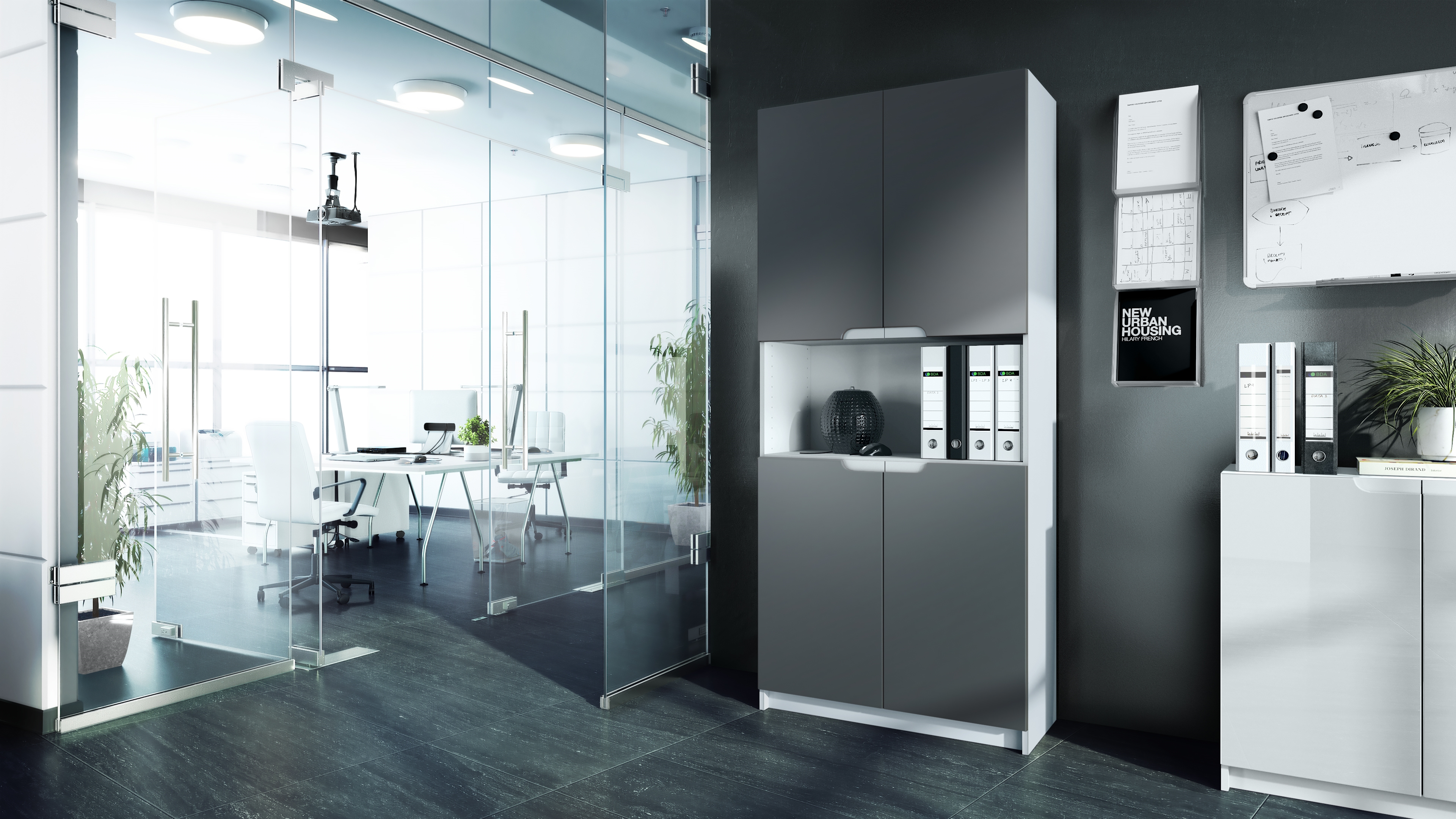 Büroschrank Logan V2 mit 5 Fächern und 4 Türen Weiß matt/Graphit seidenmatt (82 x 185 x 37 cm)
