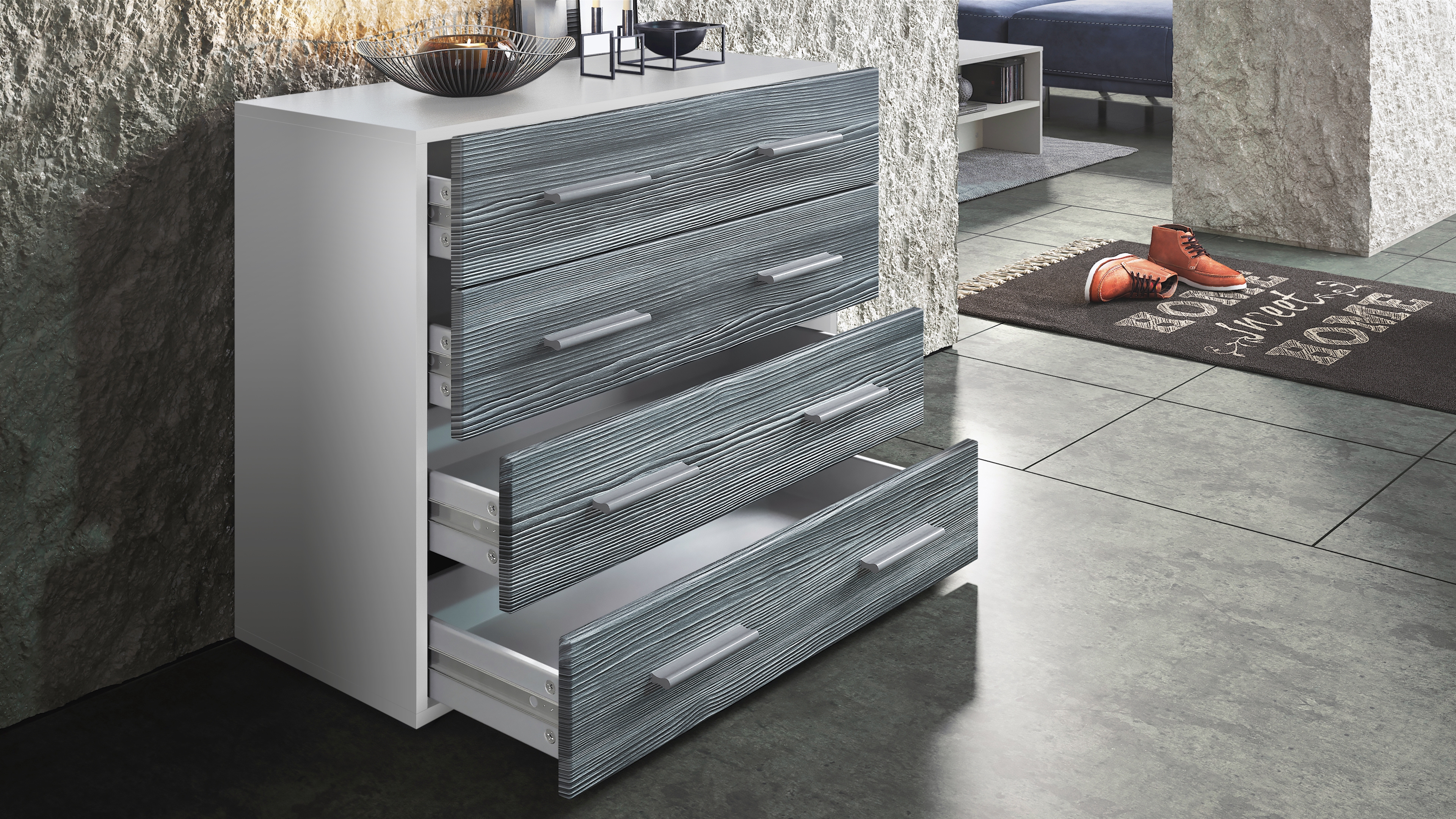 Kommode Pavos V1 ​mit 4 Schubladen Weiß matt/Eiche Natur (76 x 72 x 35 cm)