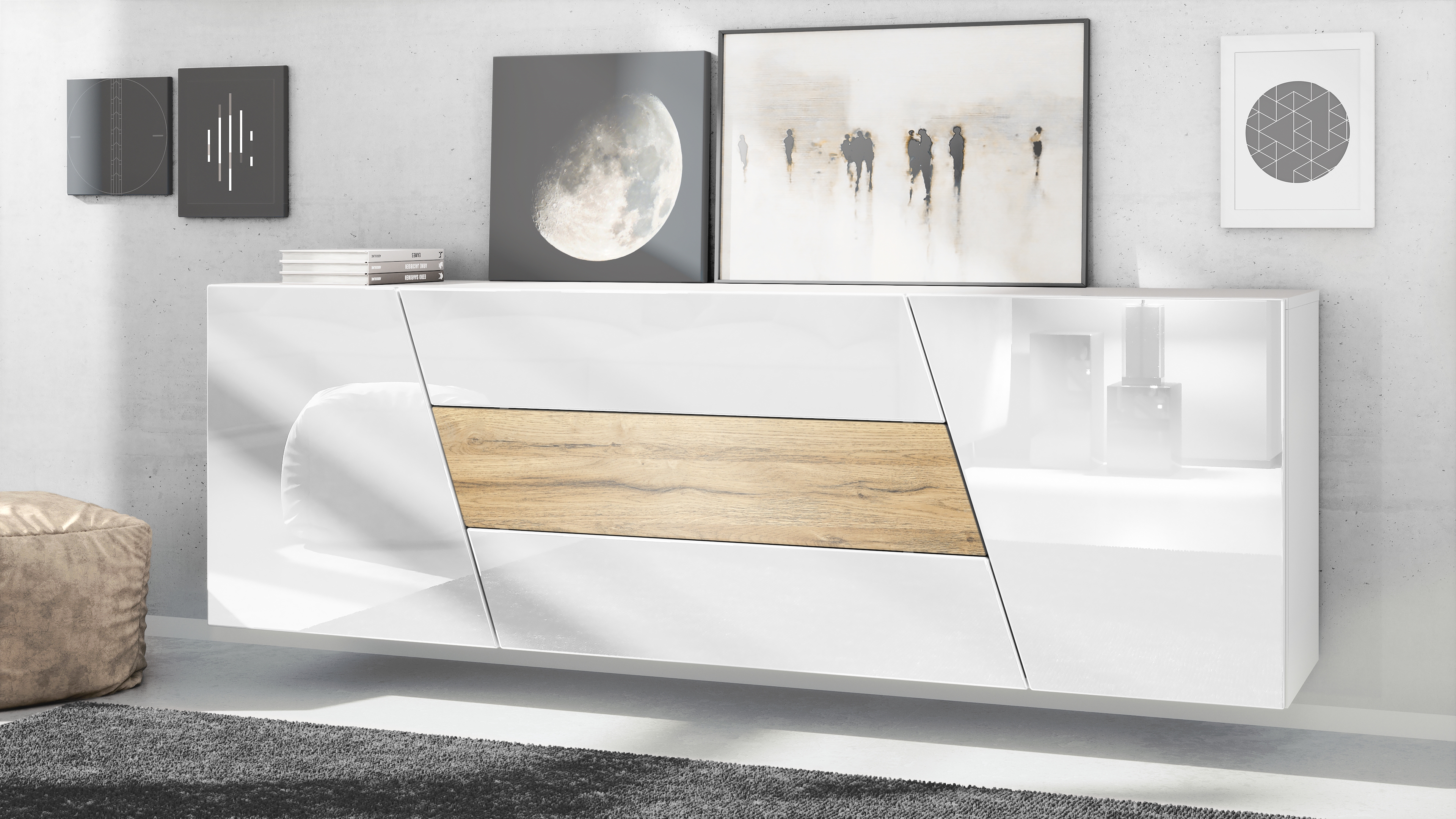 Houston Sideboard hängend mit 2 Türen und 3 Schubladen Weiß matt/Weiß Hochglanz/Eiche Natur (178 x 57,5 x 38,5 cm)