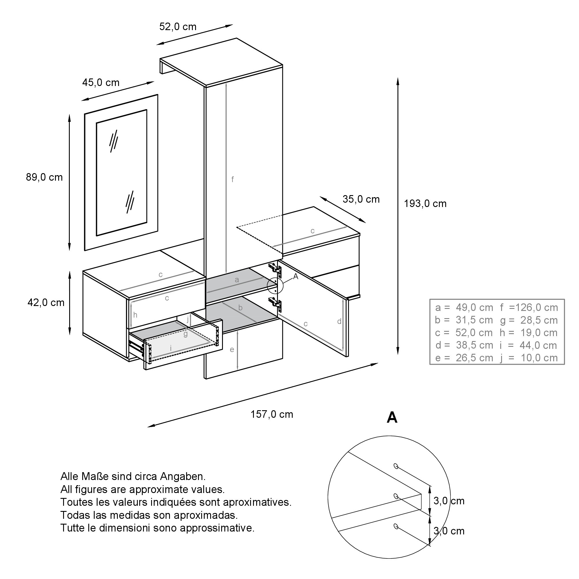 Garderobe Carlton Set 3 Beton 4-tlg. ​1 Paneel, 2 Schubkastenschränke und 1 Wandspiegel Weiß matt/Beton Oxid Optik (157 x 193 x 35 cm)