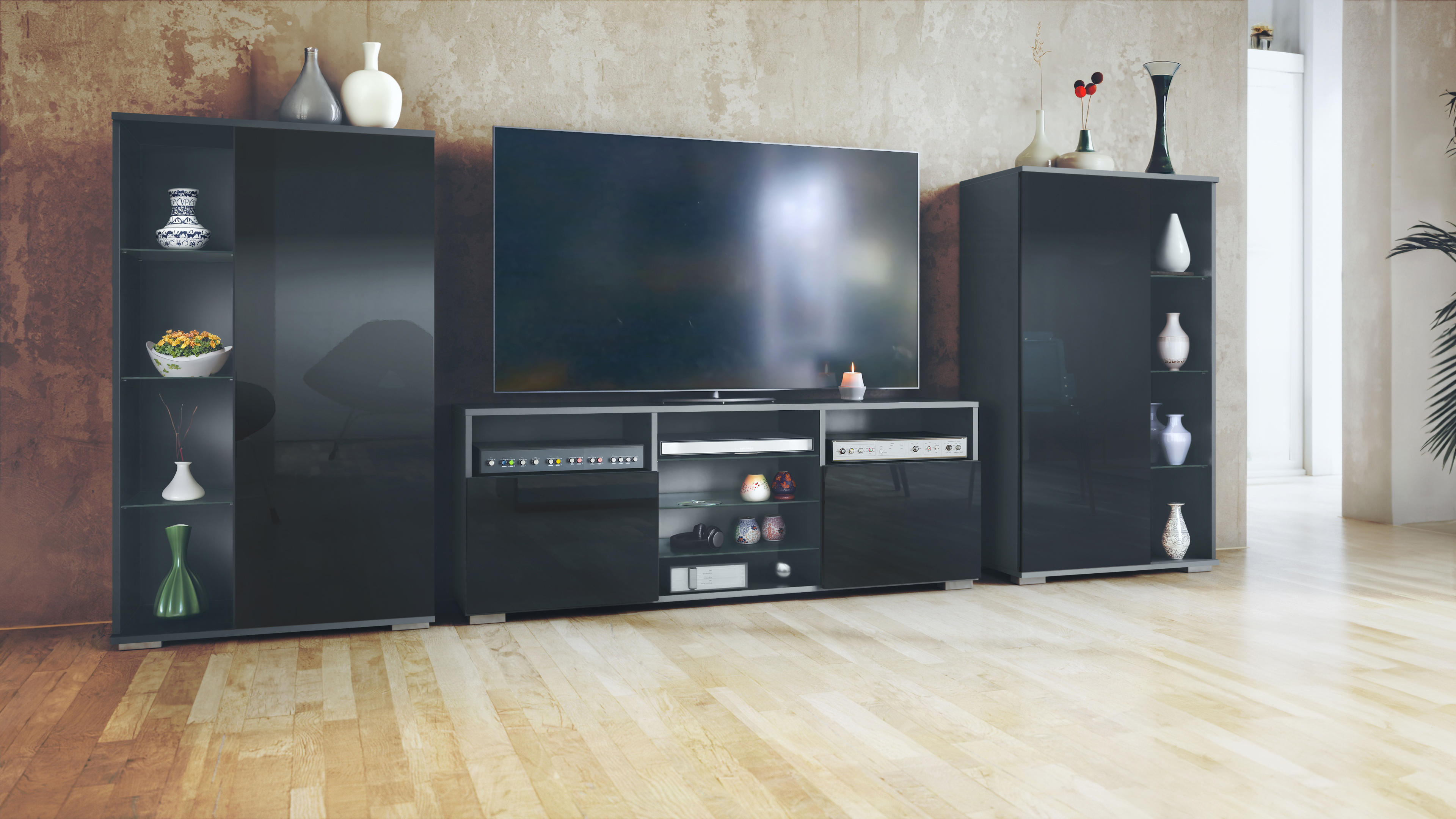 Wohnwand 3-tlg. Davos Anthrazit bestehend aus 2 Vitrinen und 1 TV-Board Anthrazit matt/Schwarz Hochglanz (329 x 134 x 35 cm)