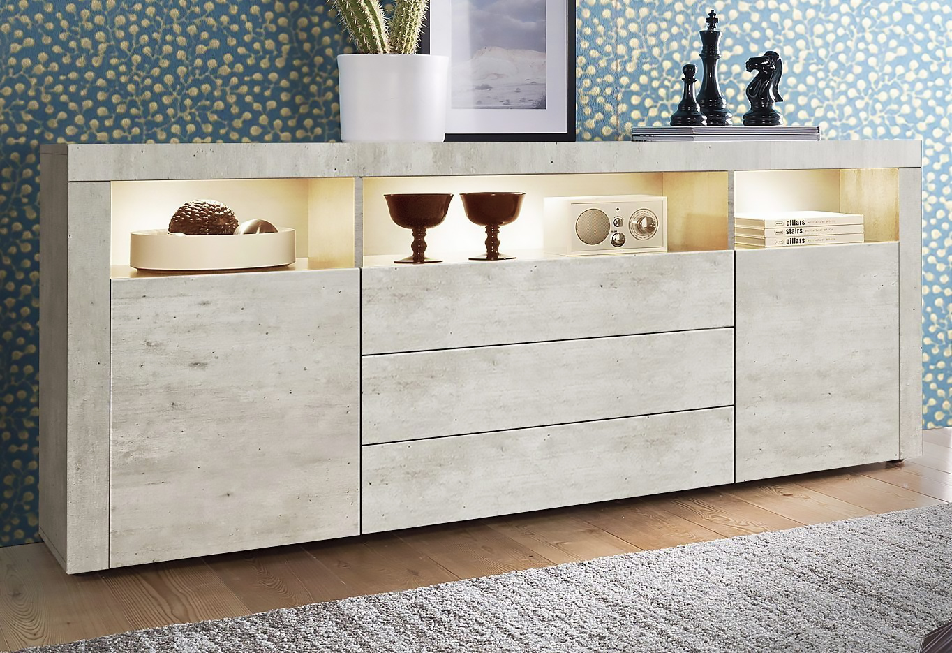 Denver Sideboard mit 2 Türen und 3 Schubladen Beton Oxid Optik (166 x 72 x 35 cm)