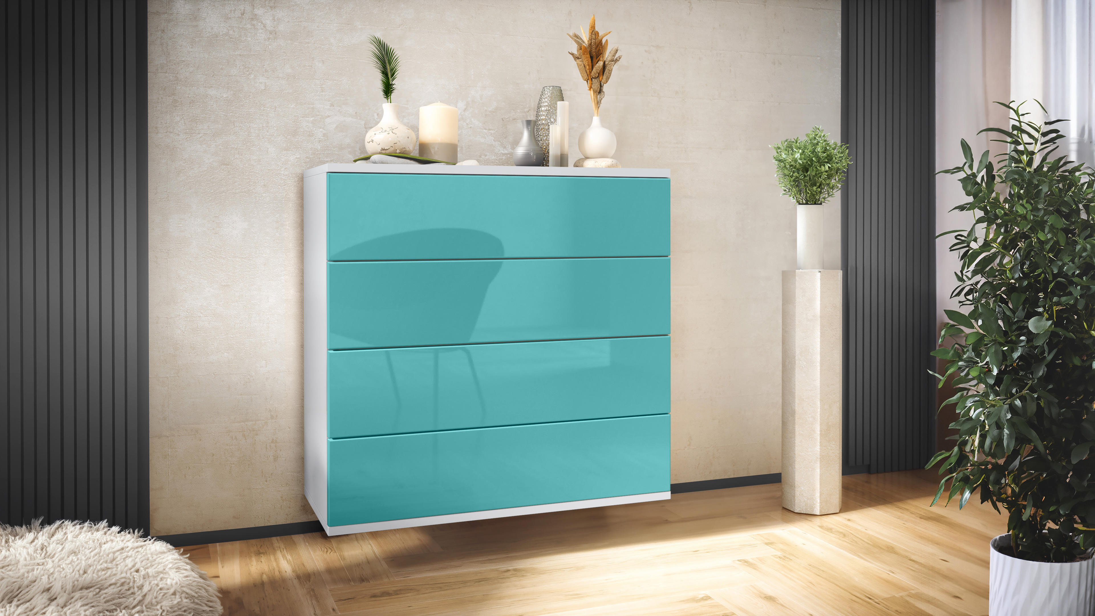 Kommode Pavos V3 hängend Weiß mit 4 Schubladen Weiß matt/Petrol Hochglanz (76 x 94 x 35 cm)