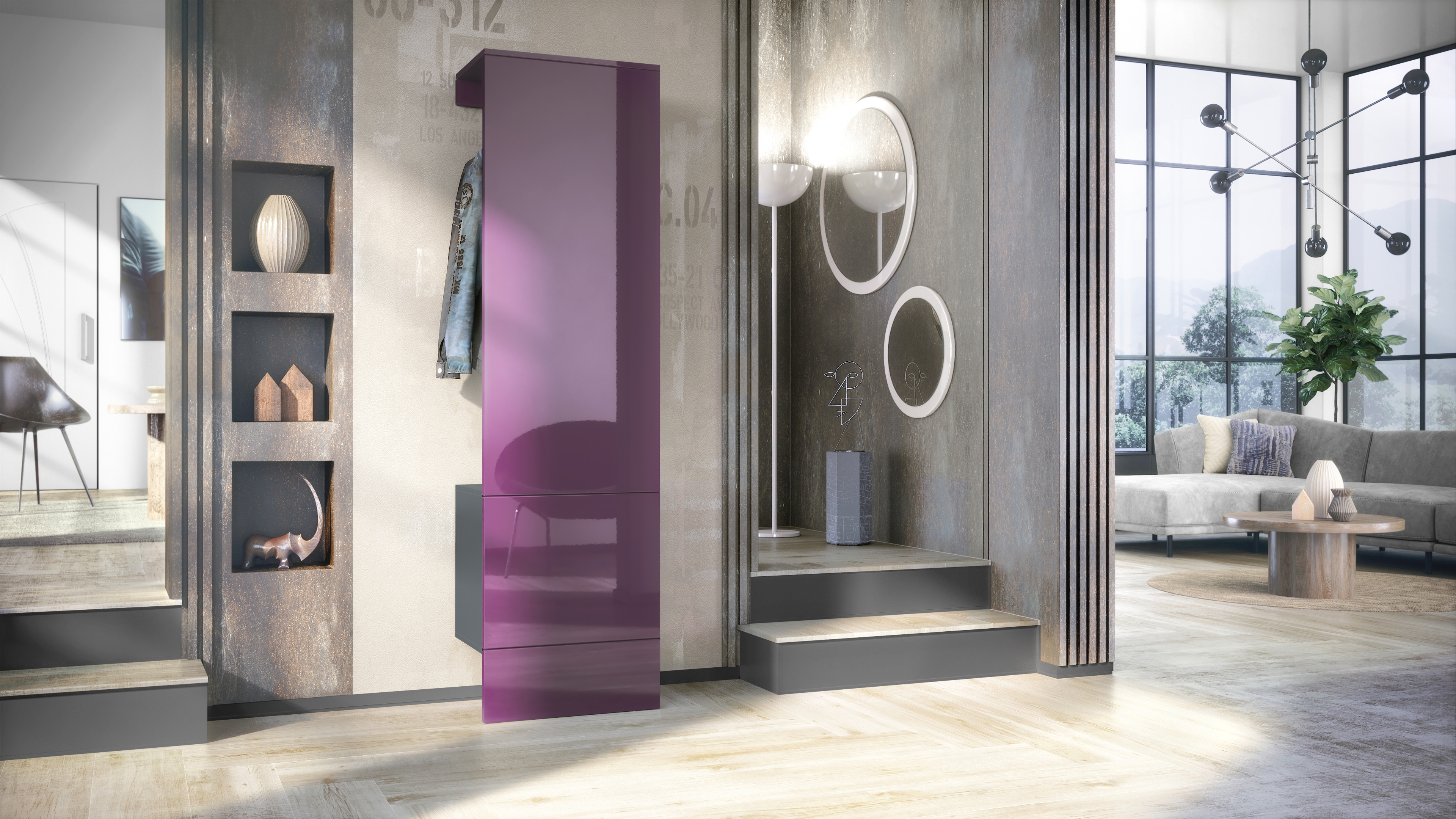 Garderobe Carlton Set 5 Anthrazit 1-tlg. mit integrierter Tür und 1 Kleiderstange Anthrazit matt/Brombeer Hochglanz (52 x 193 x 35 cm)