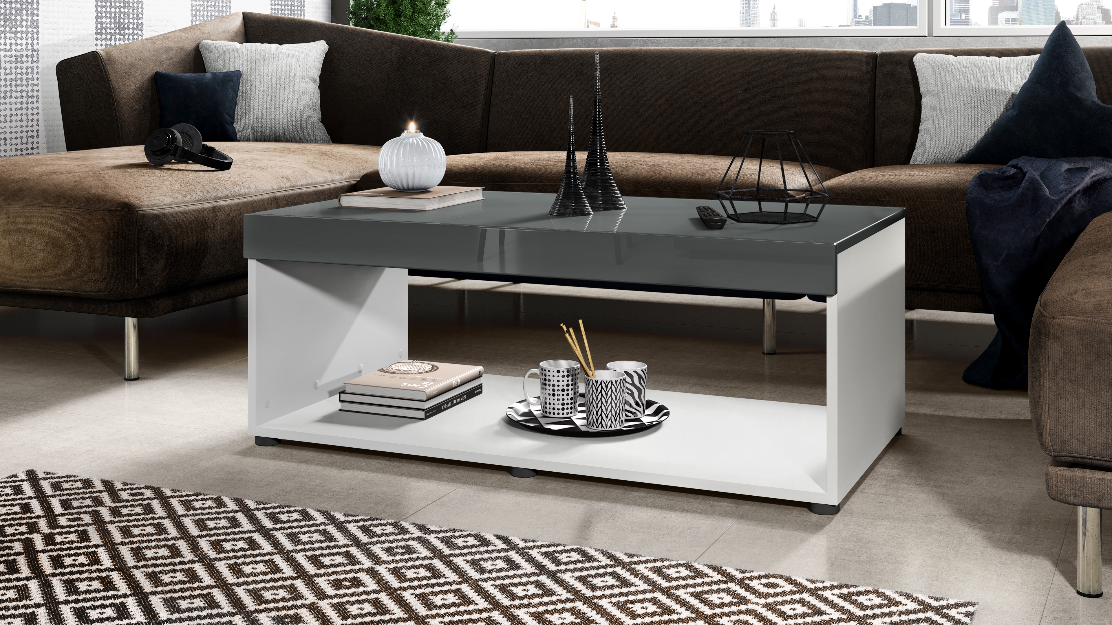 Wohnzimmer-Set Berlin bestehend aus 1 TV Board und 1 Couchtisch Weiß matt/Grau Hochglanz