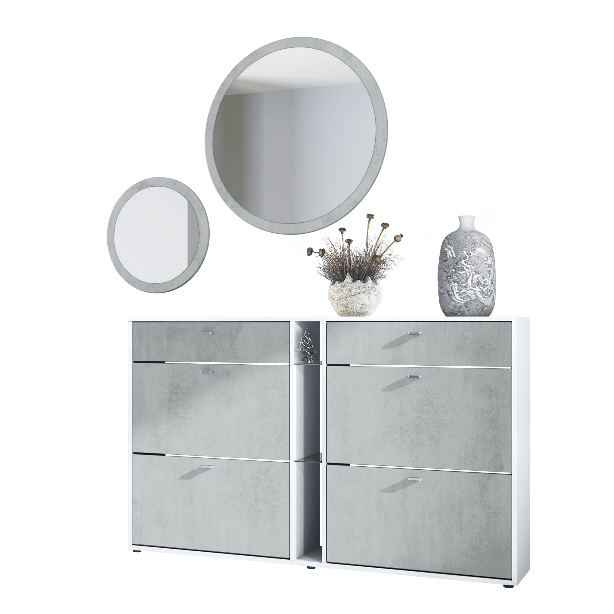 Garderobenset 3-tlg. Florence Weiß mit Schuhschrank und 2 Wandspiegel Weiß matt/Beton Oxid Optik