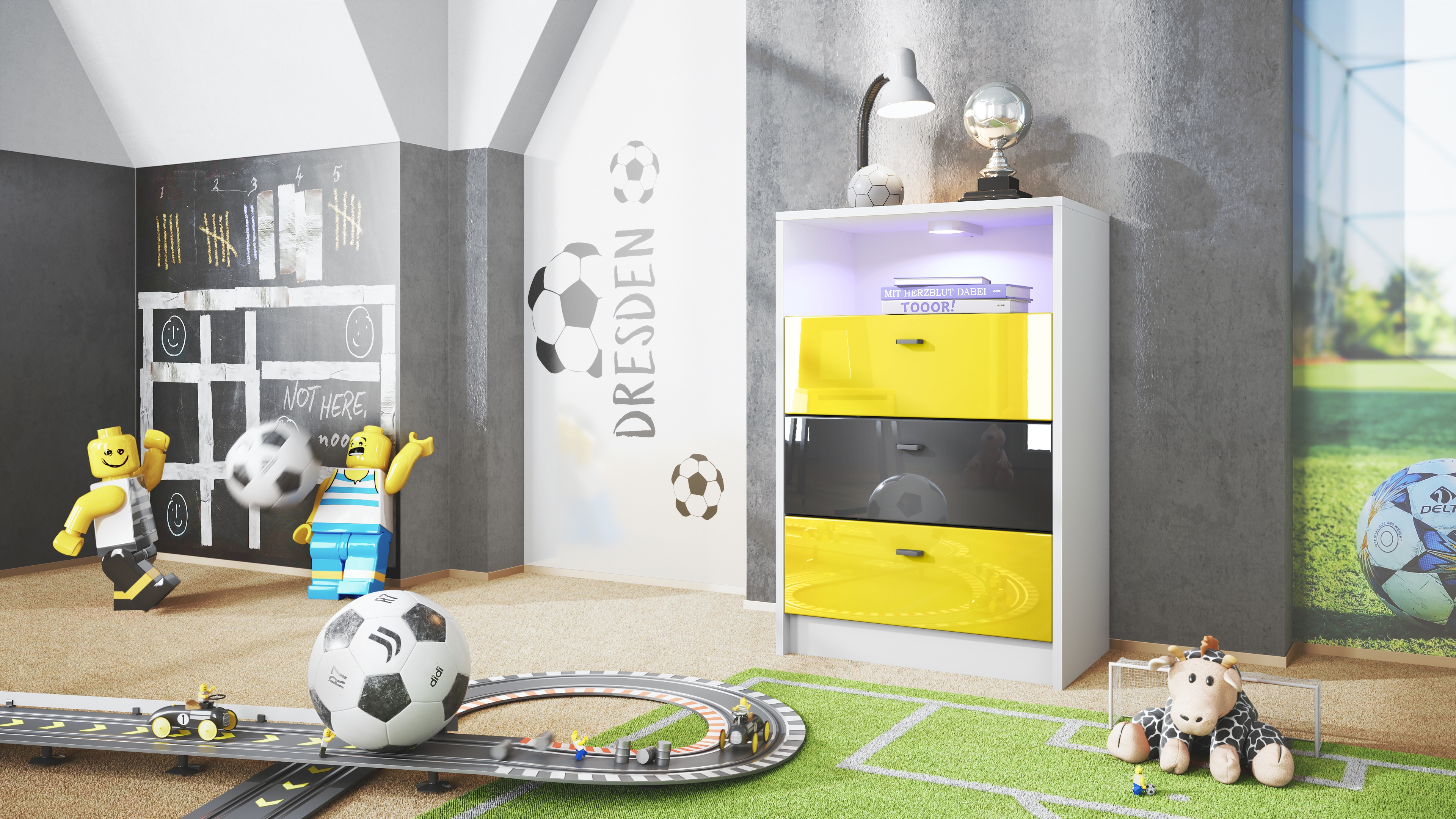 Pino V2 Kommode Fußball mit 3 Schubladen inkl. RGB LED Beleuchtung Fußball Liga Dresden - Gelb, Schwarz & Gelb glänzend (56x86,5x36 cm)