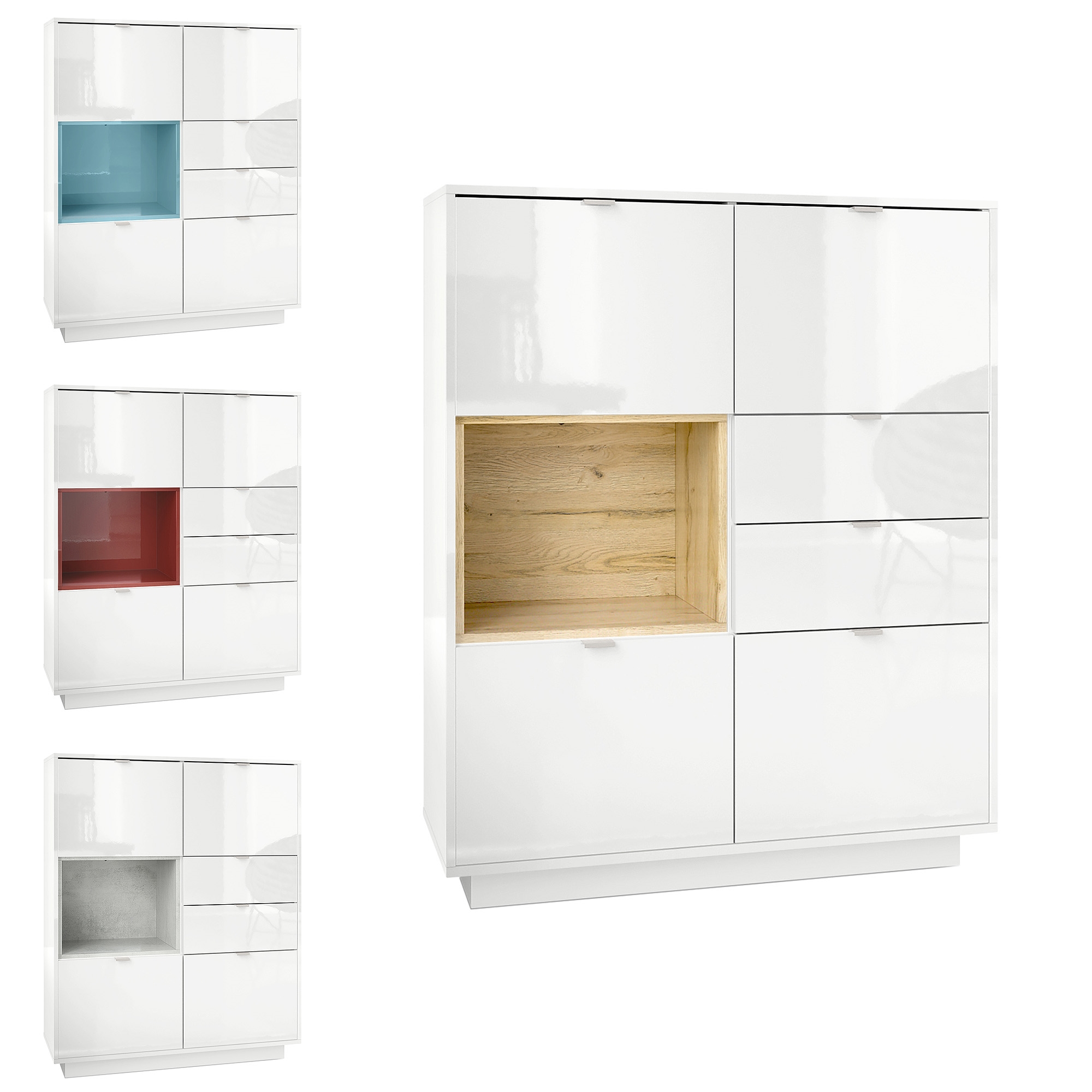 Highboard Metro  mit 4 Türen, 2 Schubladen und 1 offenem Fach Weiß Hochglanz (103 x 123 x 38 cm)