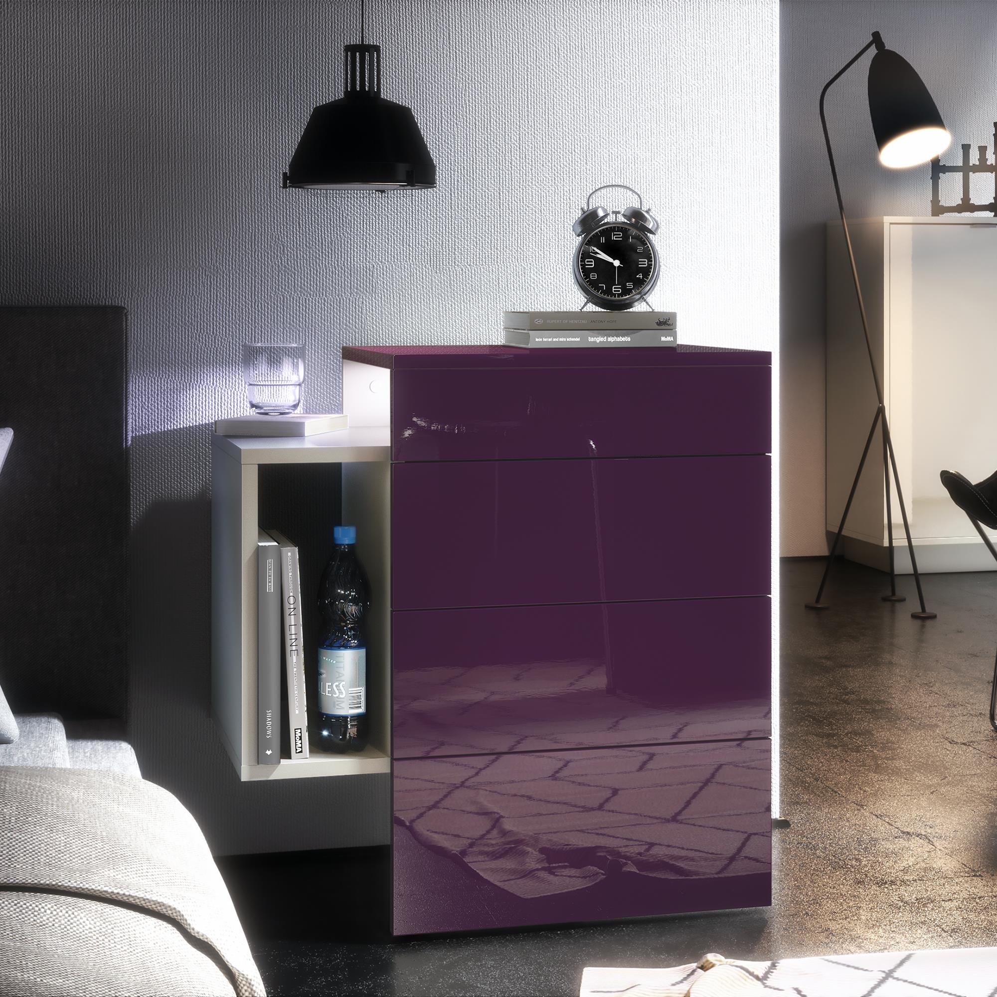 Nachttisch Queens und 1 seitlichem Fach zur Wandmontage Weiß matt/Brombeer Hochglanz inkl. LED-Unterbaustrahler (60x63x36 cm)
