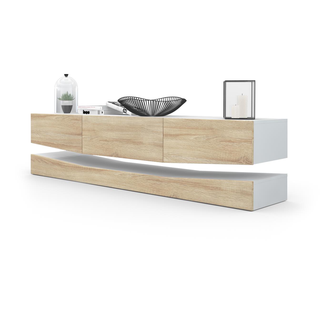 Lowboard City 1 offenem Fach und 3 Schubkästen Weiß matt/Eiche Sägegrau (178 x variabel x 39 cm)