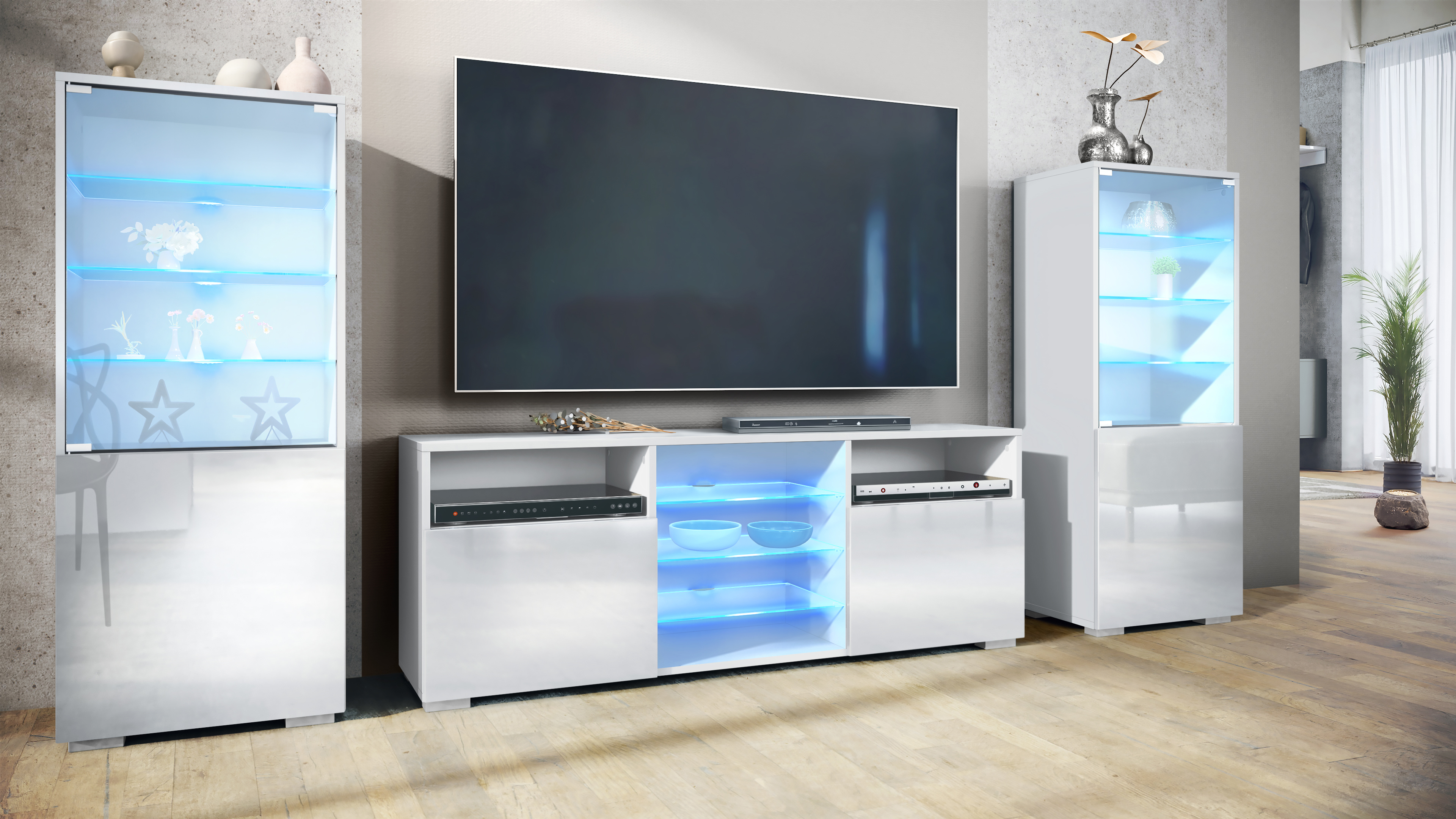Wohnwand 3-tlg. Granada Weiß LED bestehend aus 2 Vitrinen, 1 TV-Board und LED-Beleuchtung False/Weiß Hochglanz (286 x 122,5 x 35 cm)