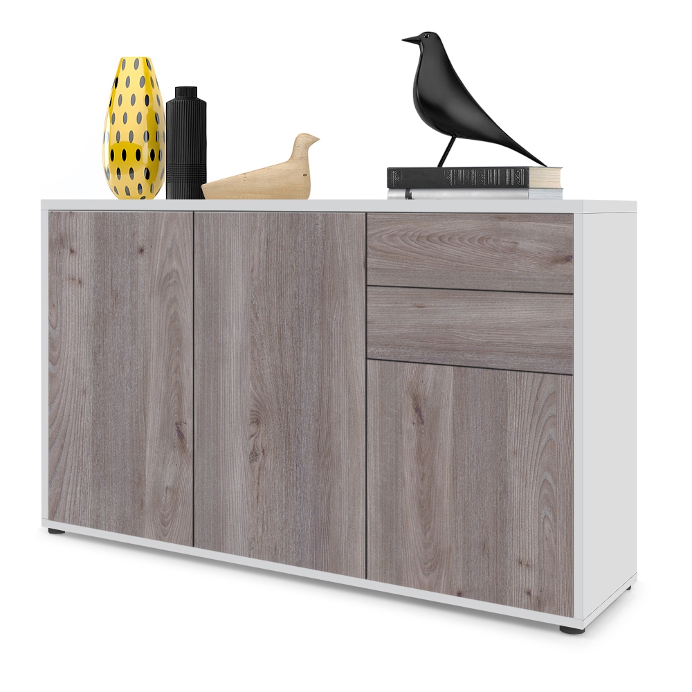 Kommode Ben V3  mit 3 Türen und 2 Schubladen Weiß matt/Eiche Nordic (117 x 74 x 36 cm)