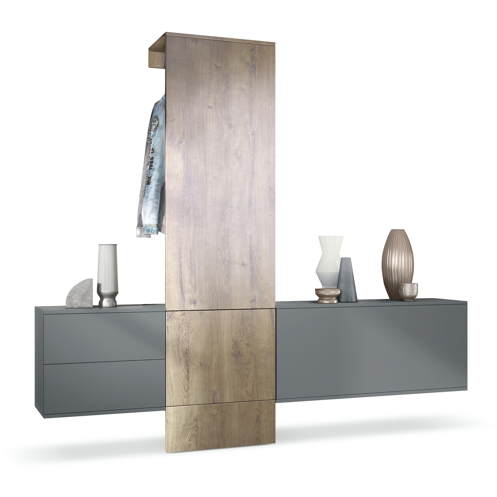 Garderobe Carlton Set 1 Anthrazit 4-tlg. 1 Paneel, 1 Schubkastenschrank und 1 Schrankmodul Anthrazit matt/Eiche Ribbeck (209 x 193 x 35 cm)